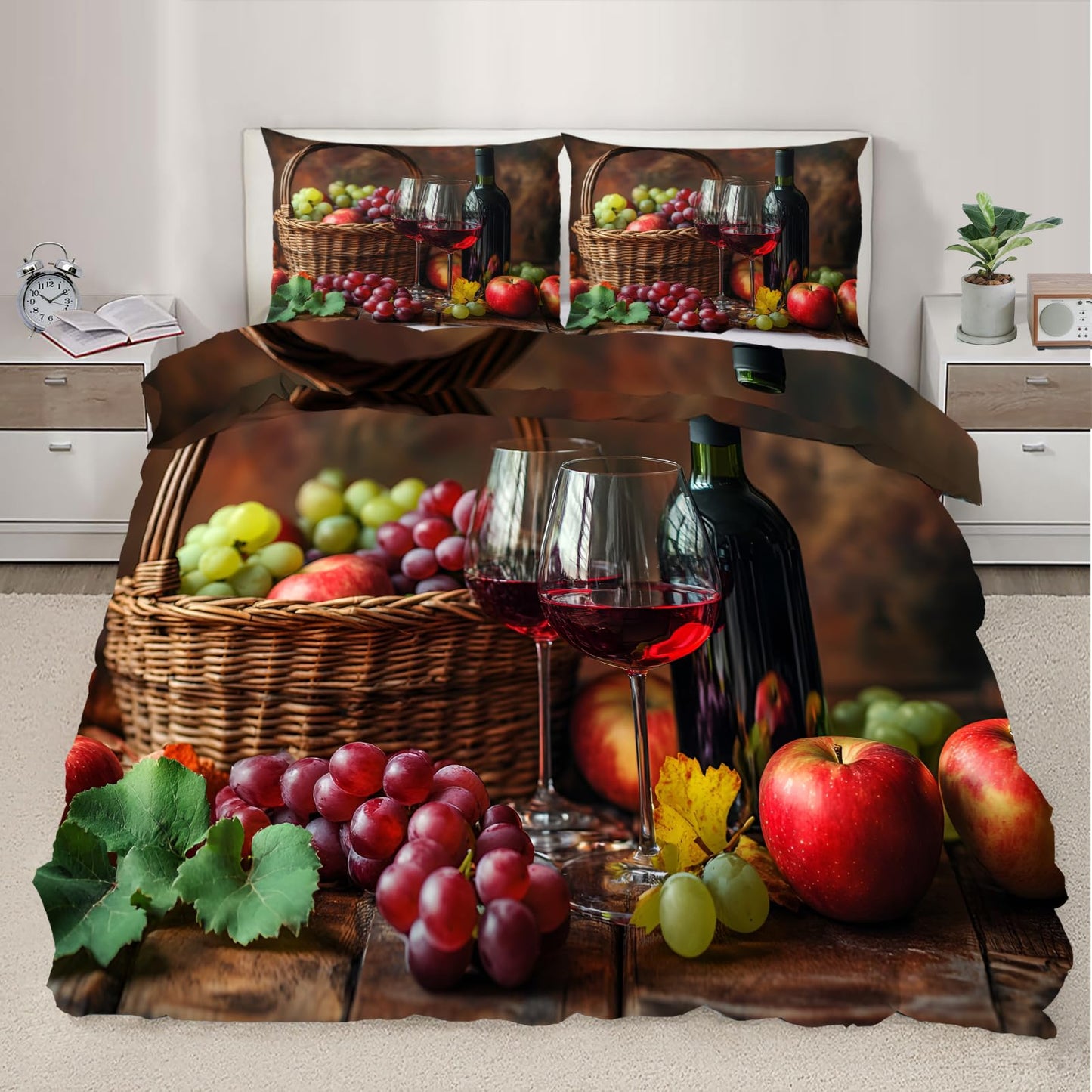 PAISUOQ Rustic Duvet Cover King Size, Country Kitchen Bedding Set, 3 Piece, Soft Microfiber Patterned Comforter Cover with Zipper Ties & 2 Pillowcase, Red Wine & Grapes Bedroom Decor & Gifts