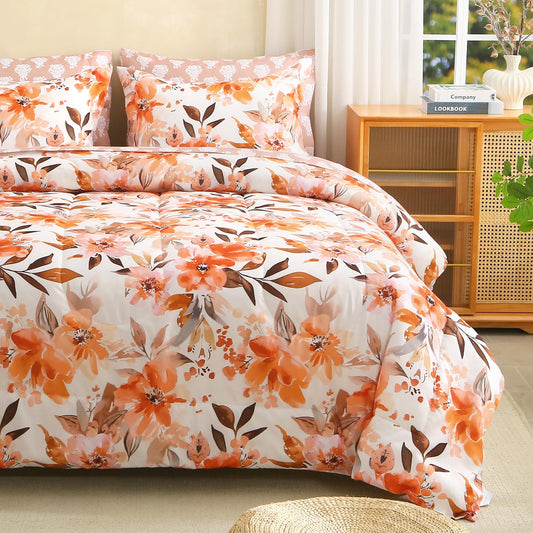 lasoftan Floral Queen Comforter Set with Sheets, 7 piece Luxury Vintage Bedding, Soft Microfiber Bed in a Bag, Cozy Lightweight Bed Set, Burnt Orange Flower Brown Leaf Fall