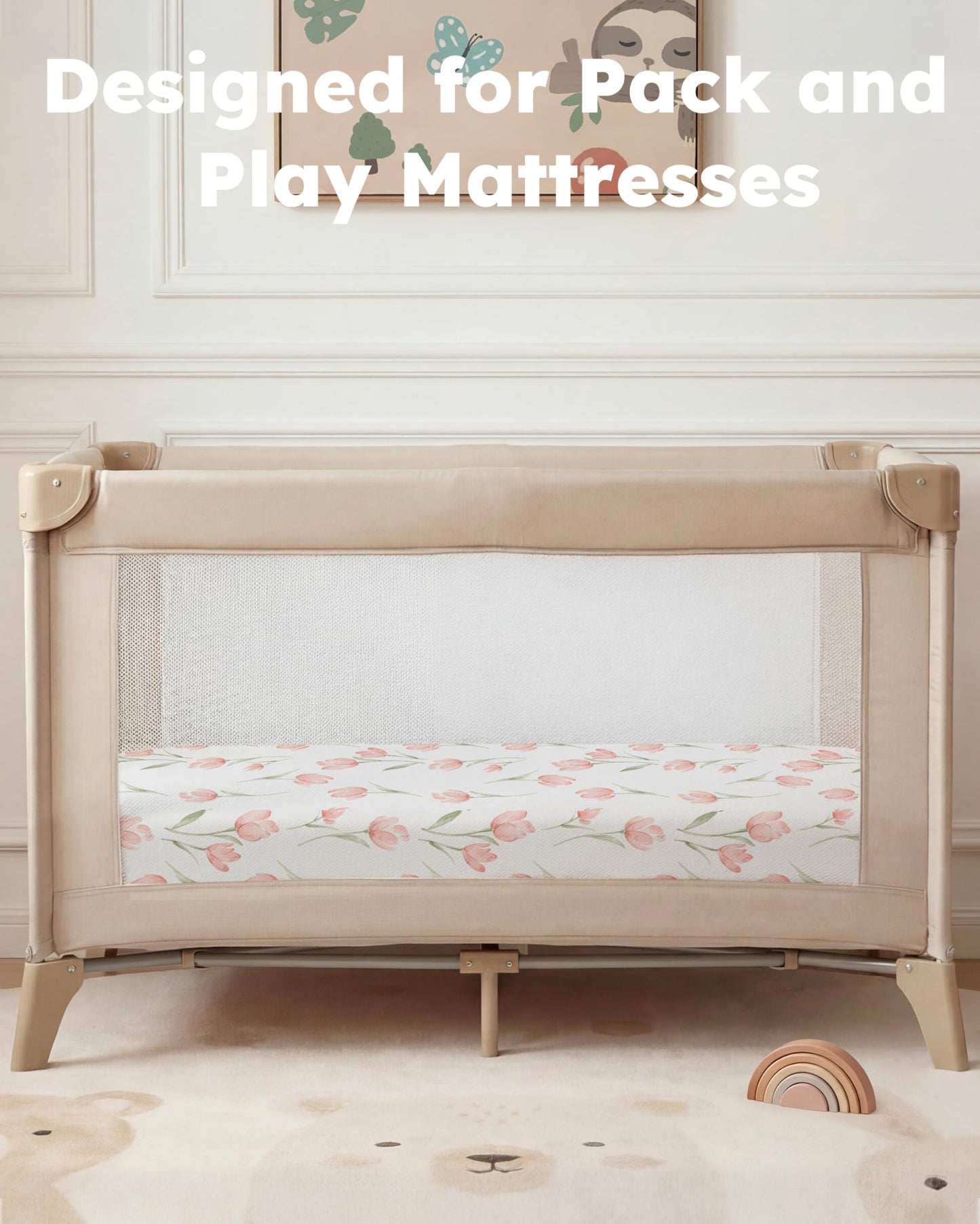 Nyessmee Mini Crib Sheets for Girls, 38" x 26" Pack and Play Fitted Sheets for Pack n Play Mattress, Soft Breathable Playard Sheets, 2-Pack Pink Tulips