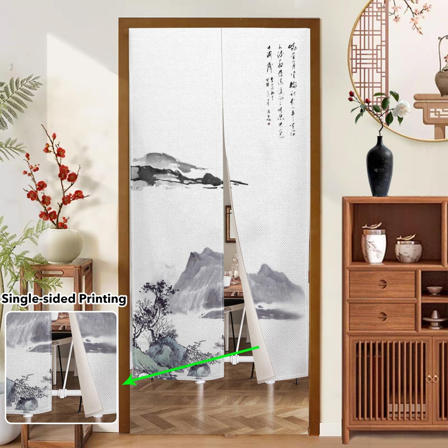 Leowefowa Long Japanese Noren Doorway Curtain Tapestry Entrance Fengshui Curtain for Doorway Tapestry ChinesePrinting Window Treatment for Hnaging Room Bistro Home Decors (Ink, Mount), 33.5"x 70.9"