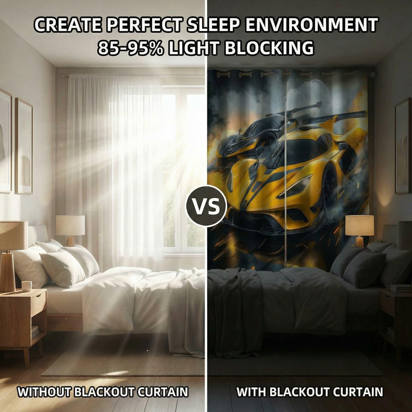 terxgrl Race Car Blackout Curtains for Boys Room, Racing Sports Car Window Drapes for Kids Bedroom, Yellow Black Supercar Darkening Curtains for Teen Gamer Room, 42 x 45 Inch