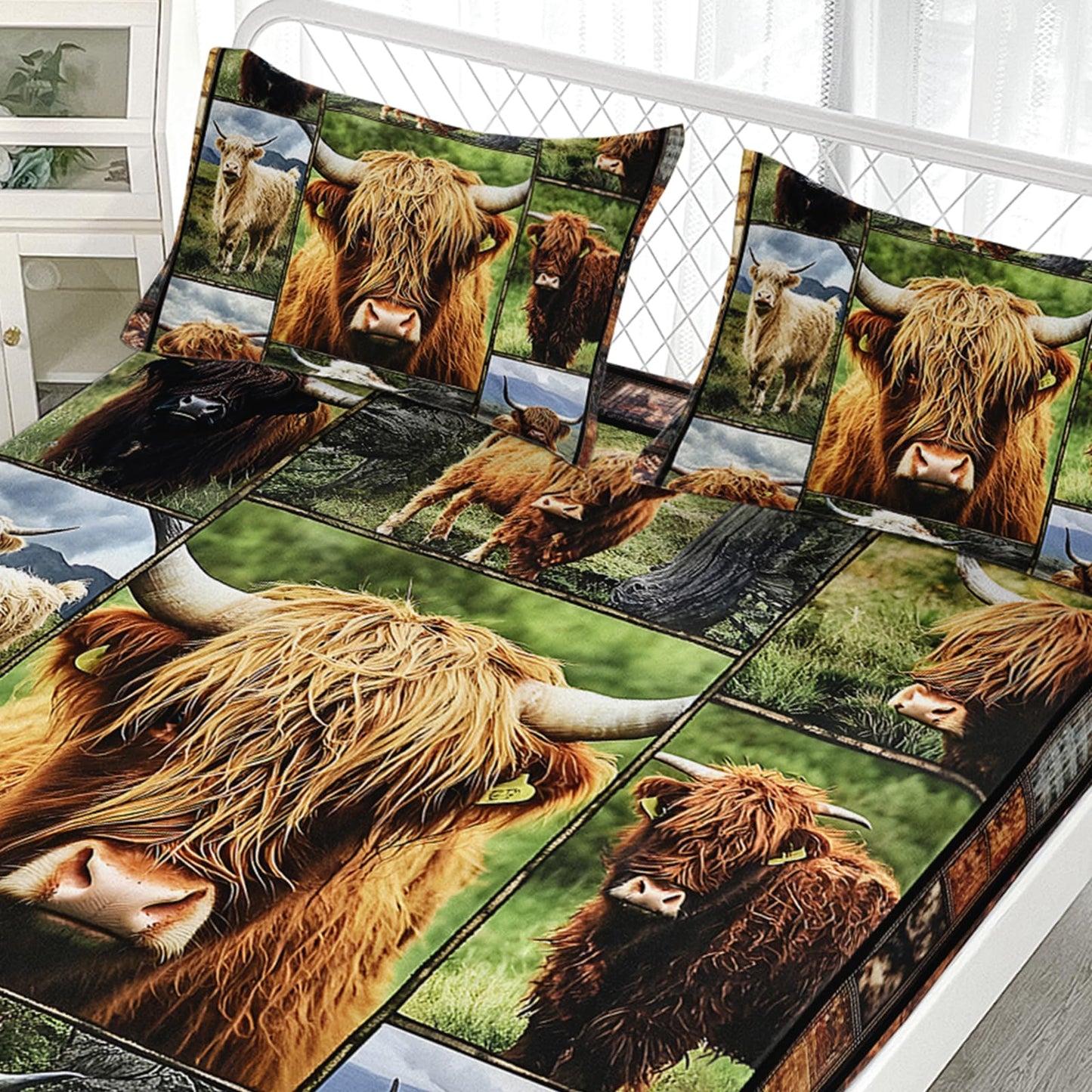 AILONEN Highland Cow Print Bedding Set Twin Size,Rustic Farmhouse Cattle Fitted Sheet with 2 Pillowcases for Kids Teens,3-Piece Farm Animal Plaid Bed Sheet Set