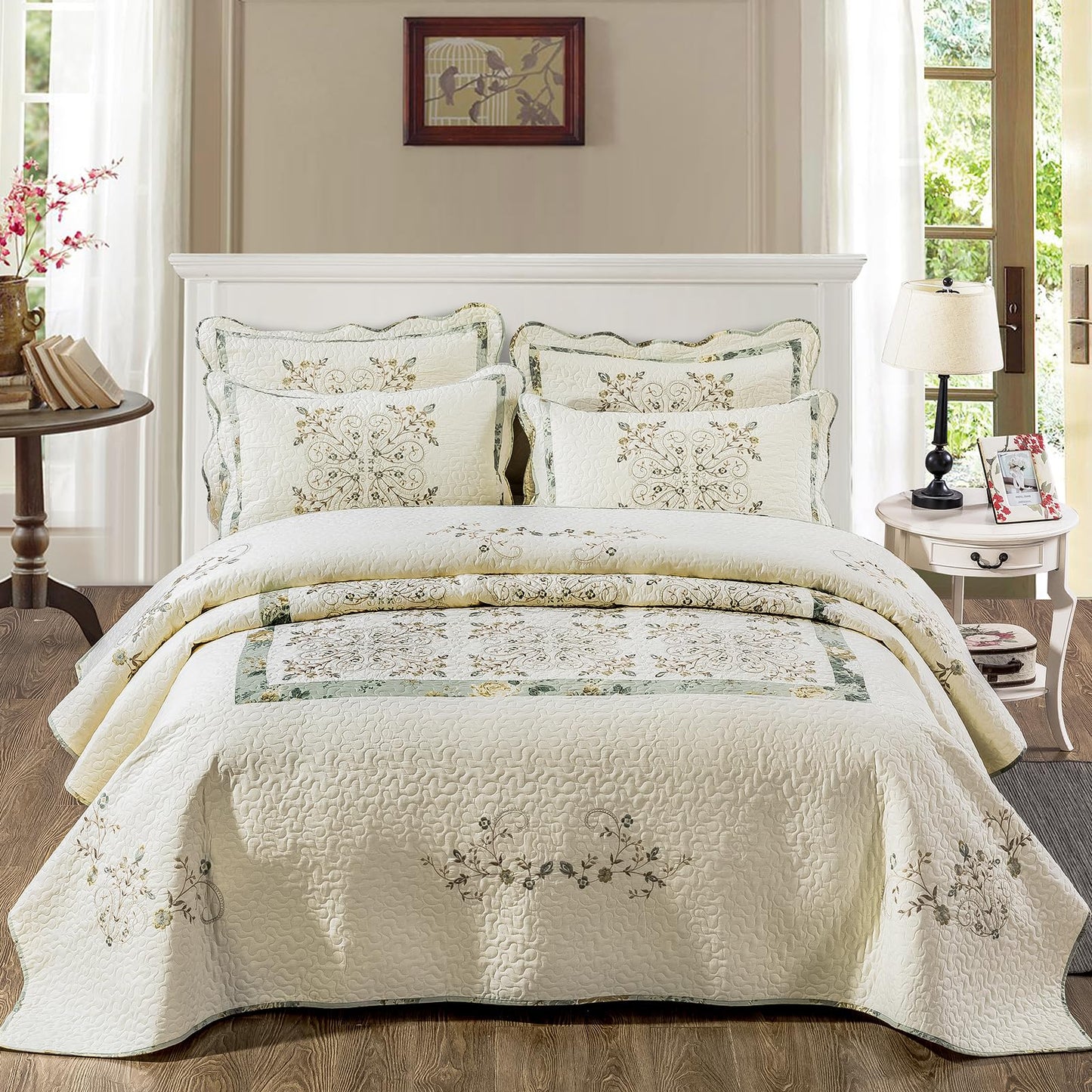 ROOMLIFE Quilt Set Full/Queen Size 3D Floral Embroidery Pattern 3-Piece Cotton Reversible Quilted Embroidered Decorative Bedspreads Coverlet Bedding Set, Lightweight &Soft, All Season(90" X 98")