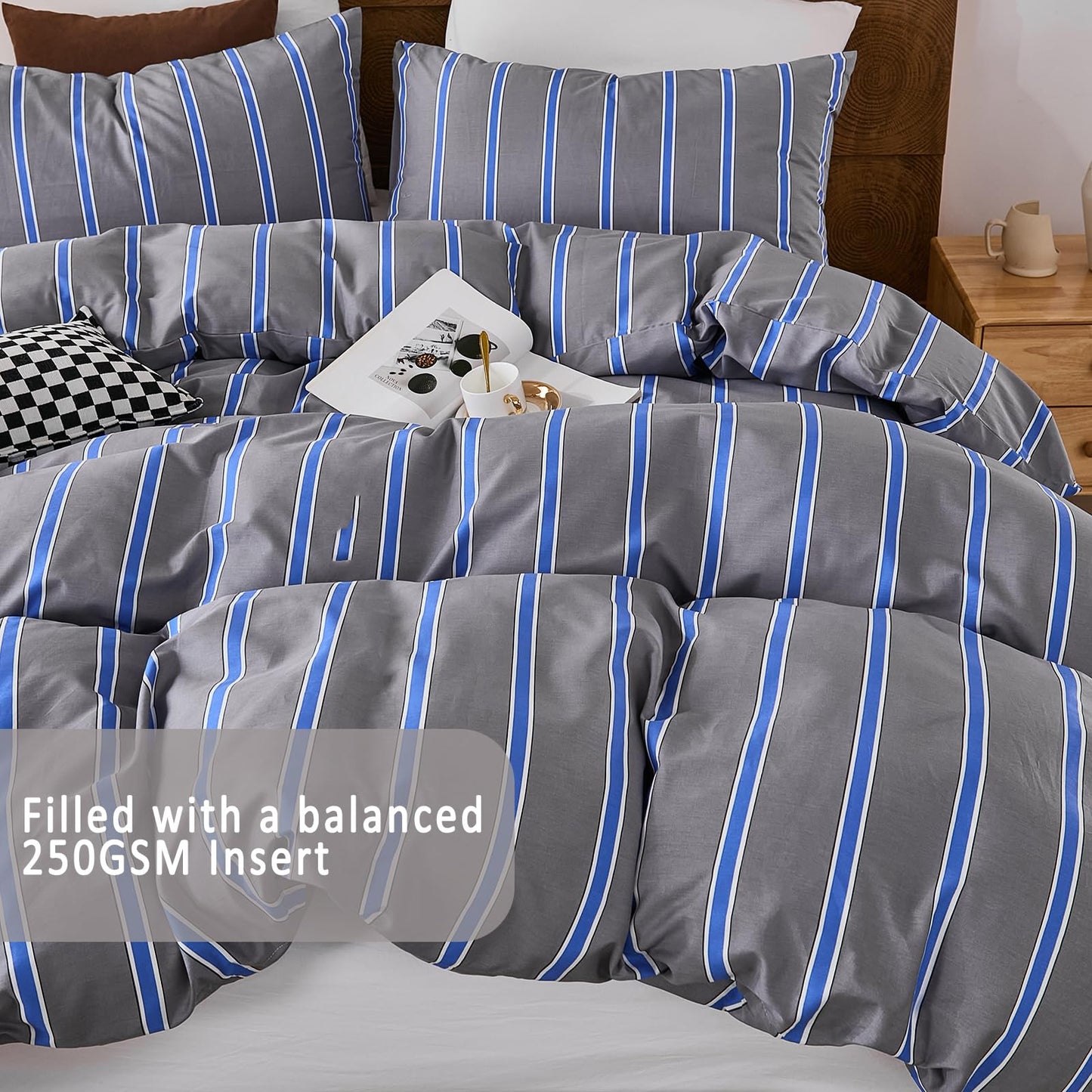 Merryword 100% Cotton Comforter Set King Size - Blue and Gray Striped Comforter with 2 Pillowcases, Luxury & Silky Soft Comforter Set for All Seasons
