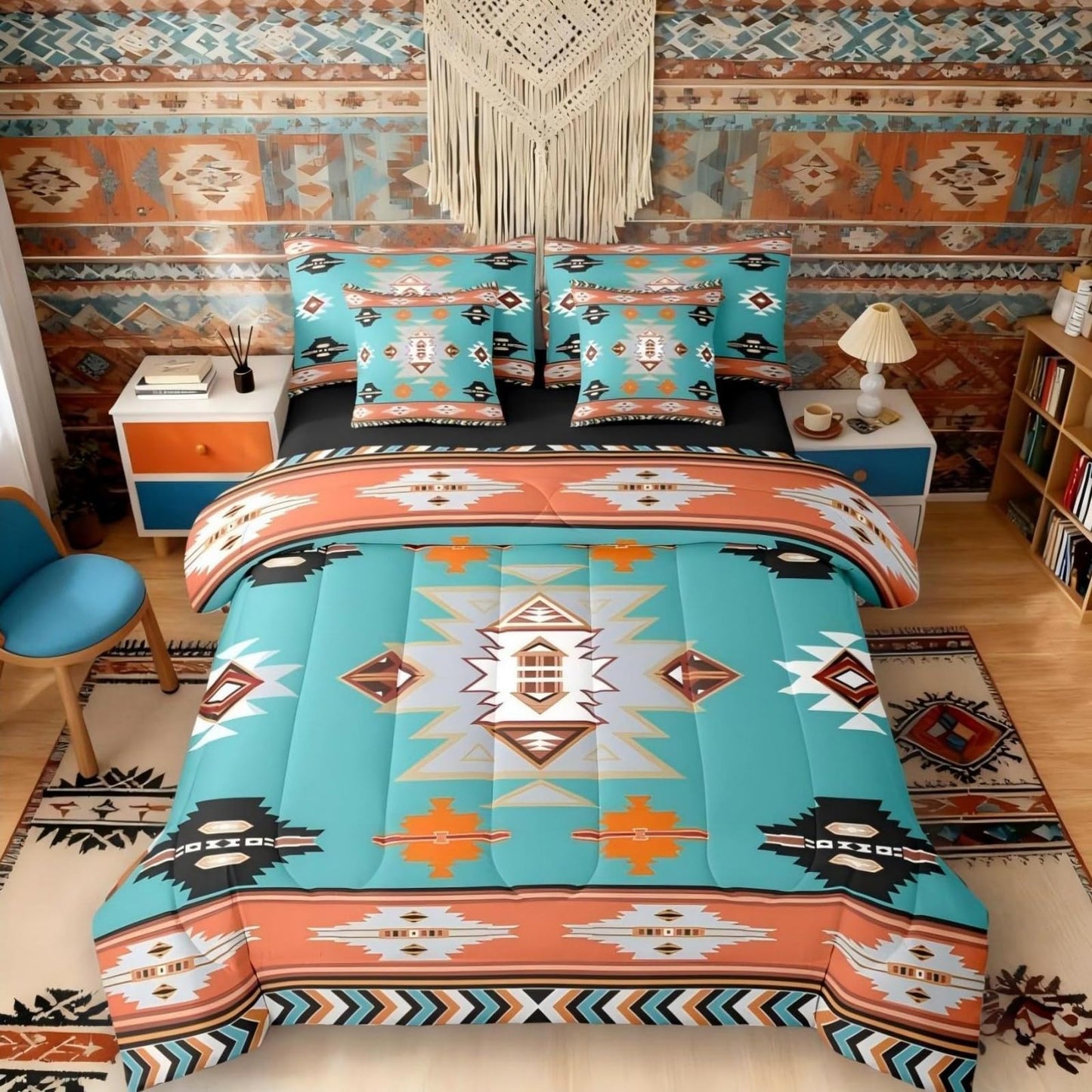 Erosebridal Western Twin Comforter Set with Sheets | Southwestern Decor Geometric 7-Piece Bedding Set Farmhouse Aztec Bed in a Bag, Stripes Diamond Triangle Bed Sets,Teal