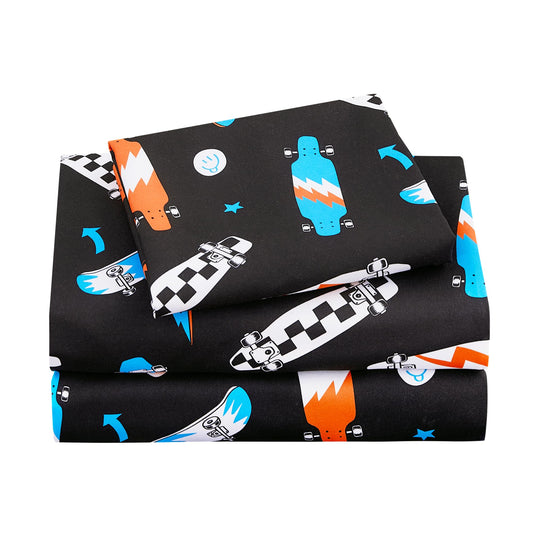 Viviland 3 Pieces Boys Black Twin Sheet Set - Soft Microfiber Fitted Flat Sheets & Pillowcase Bed Sheet Set - Cool Skateboard Bedding Sets for Kids