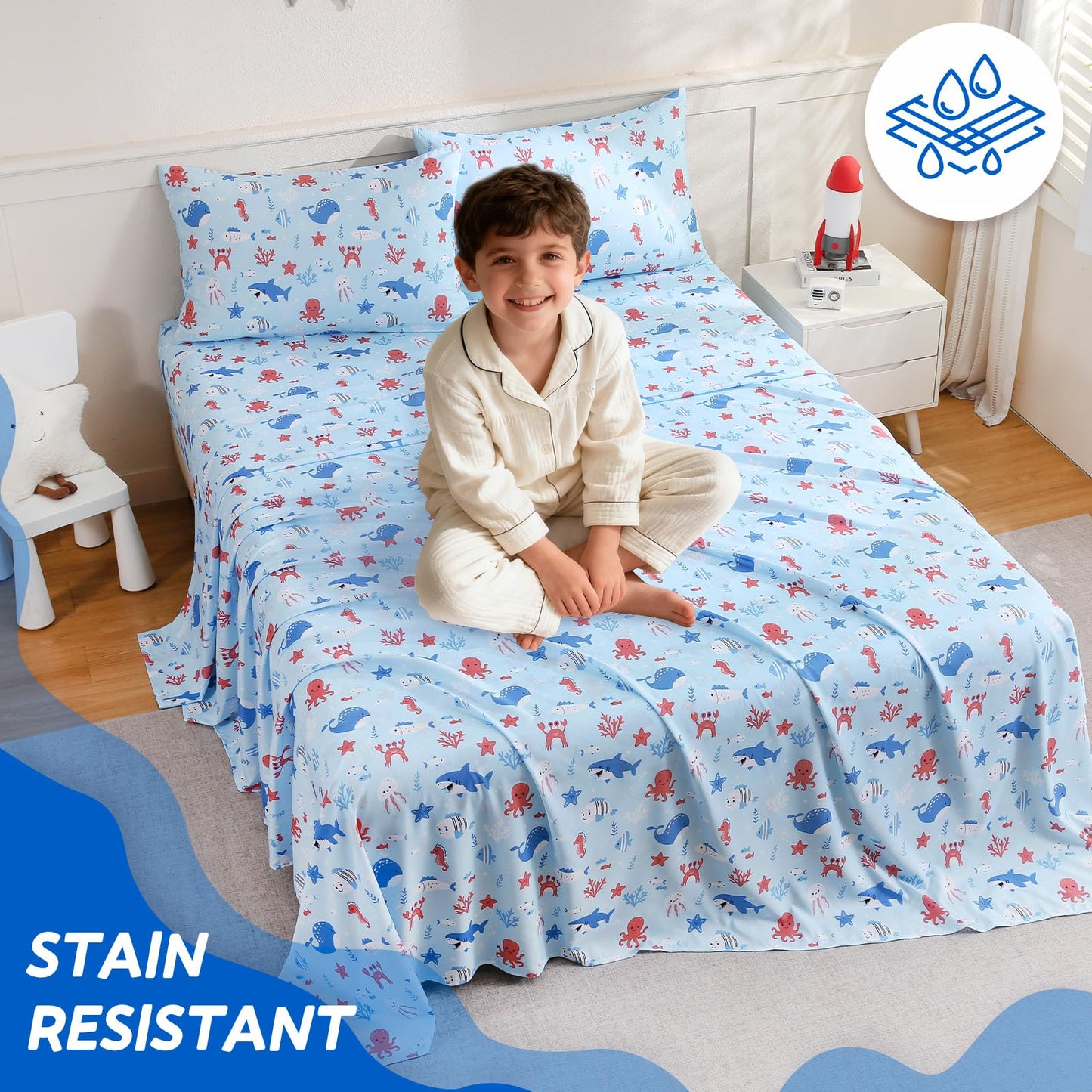 ChicView Queen Sheet Set Kids,4 Pieces Breathable Soft Microfiber Bedsheets for Child Boys Girls, Anti Pilling Deep Pockets Easy Care Bed Sheets, Ocean Animals