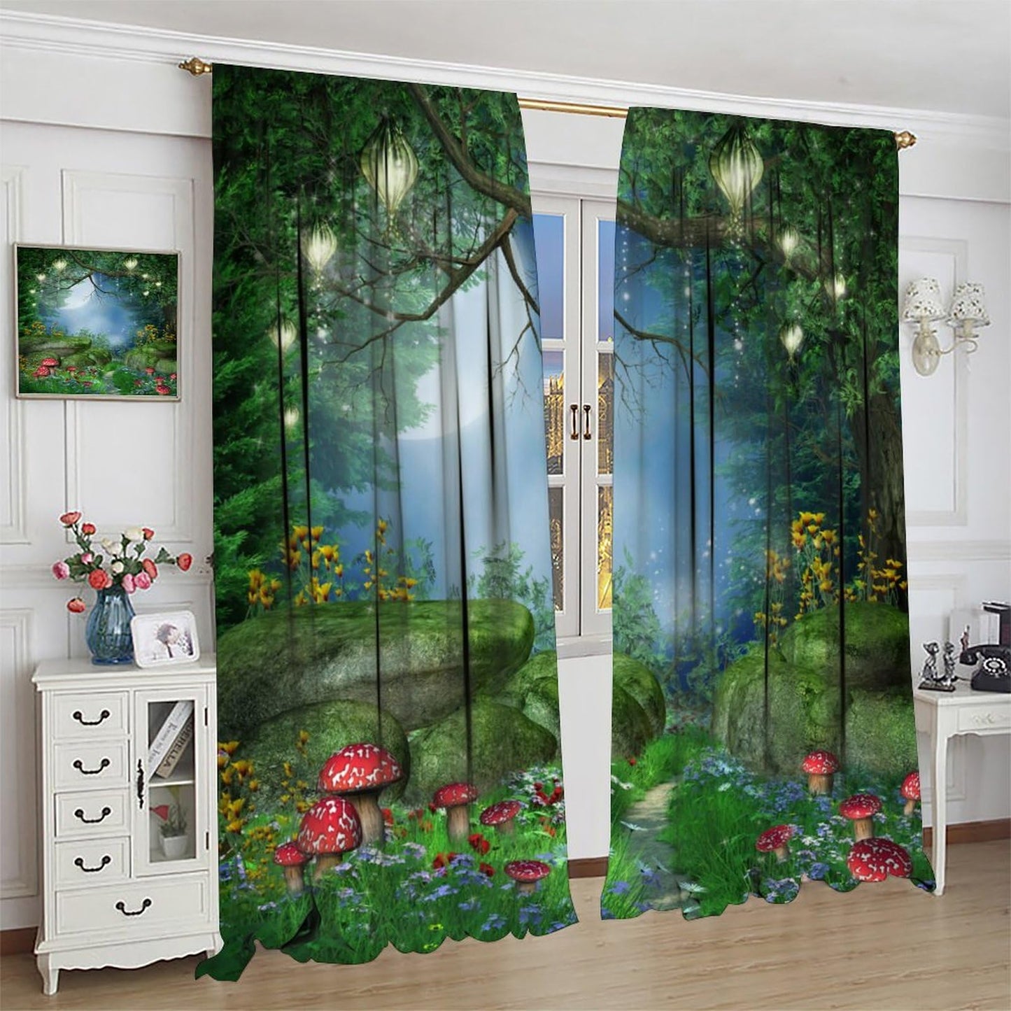 DDCBNS Fantasy Nature Windows Curtains,Magical Forest Dreamland Window Treatments for Bedroom Living Room Mushroom Flower Drapes 2 Panels Set,Total Size 42 x 45 Inch