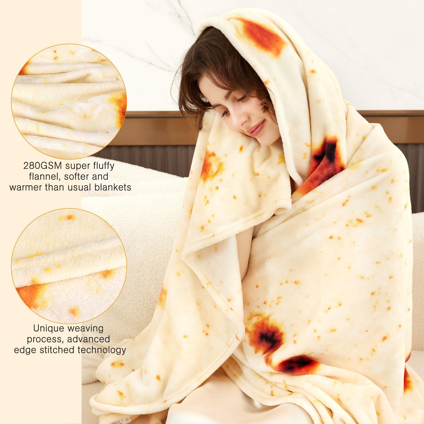 LetsFunny Burrito Tortilla Throw Blanket for Couch, Double Sided Burrito Taco Tortilla Wrap Blankets, Funny Realistic Flannel Food Round Blankets, Christmas Birthday Gifts for Women Men Teen 47in