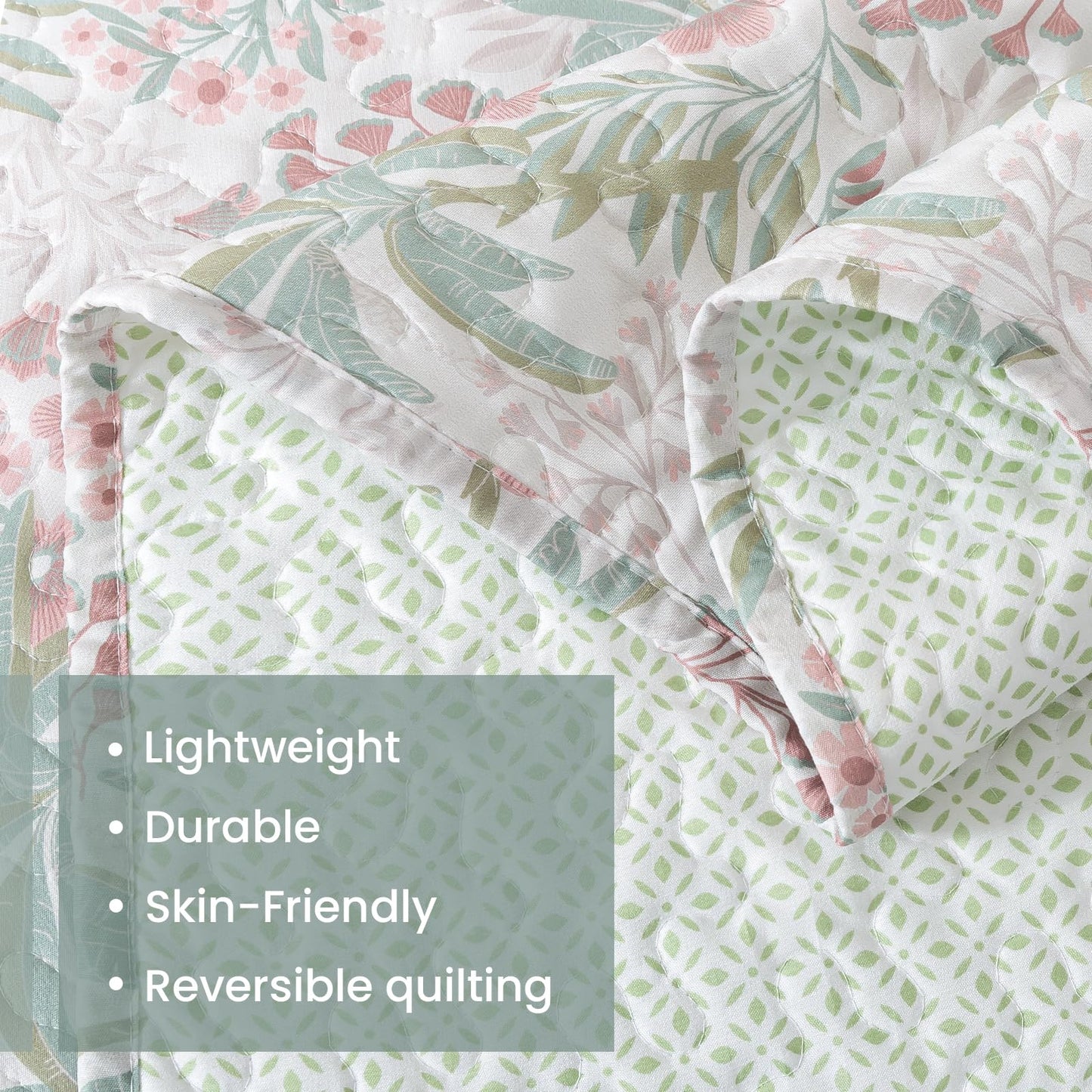 Etwel Lightweight Queen Size Quilt Set - Breathable Reversible Cotton Bedspread for Hot Sleepers, Farmhouse Floral Bedding Set with 2 Pillow Shams for All Season (90"x98", Green Botanical Floral)