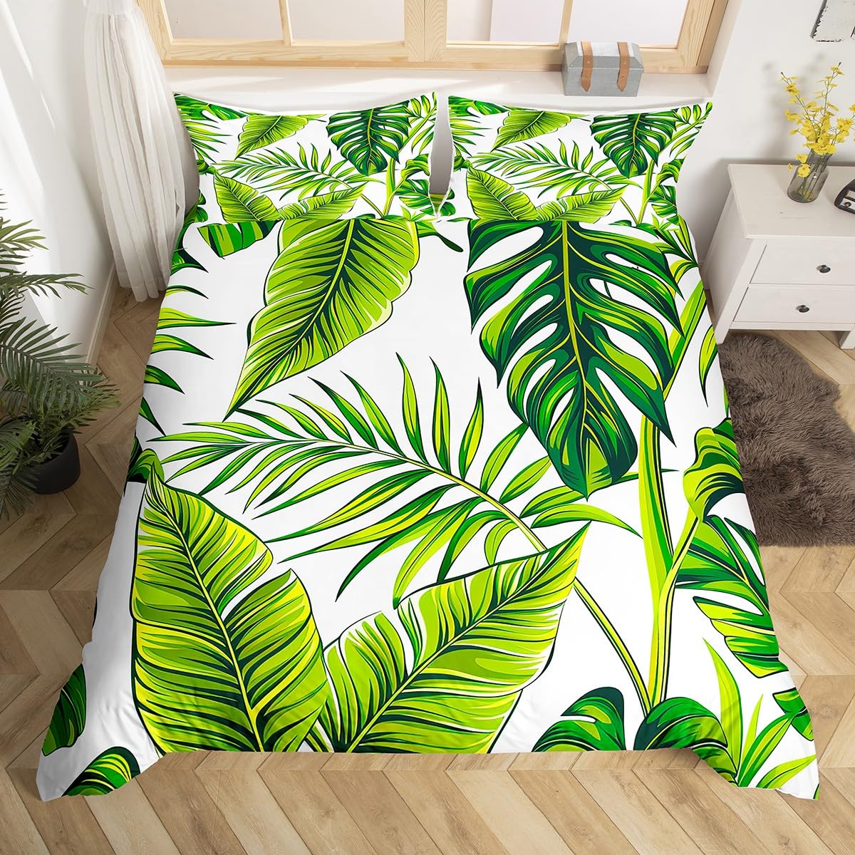 Fresh Leaves Tropical Duvet Cover Set Queen,Green Plant Bed Cover,Botanical Banana Tree and Palm Tree Leaf Pattern Printed in White Comforter Cover, Beach Hawaiian Bedding Collection with Zipper