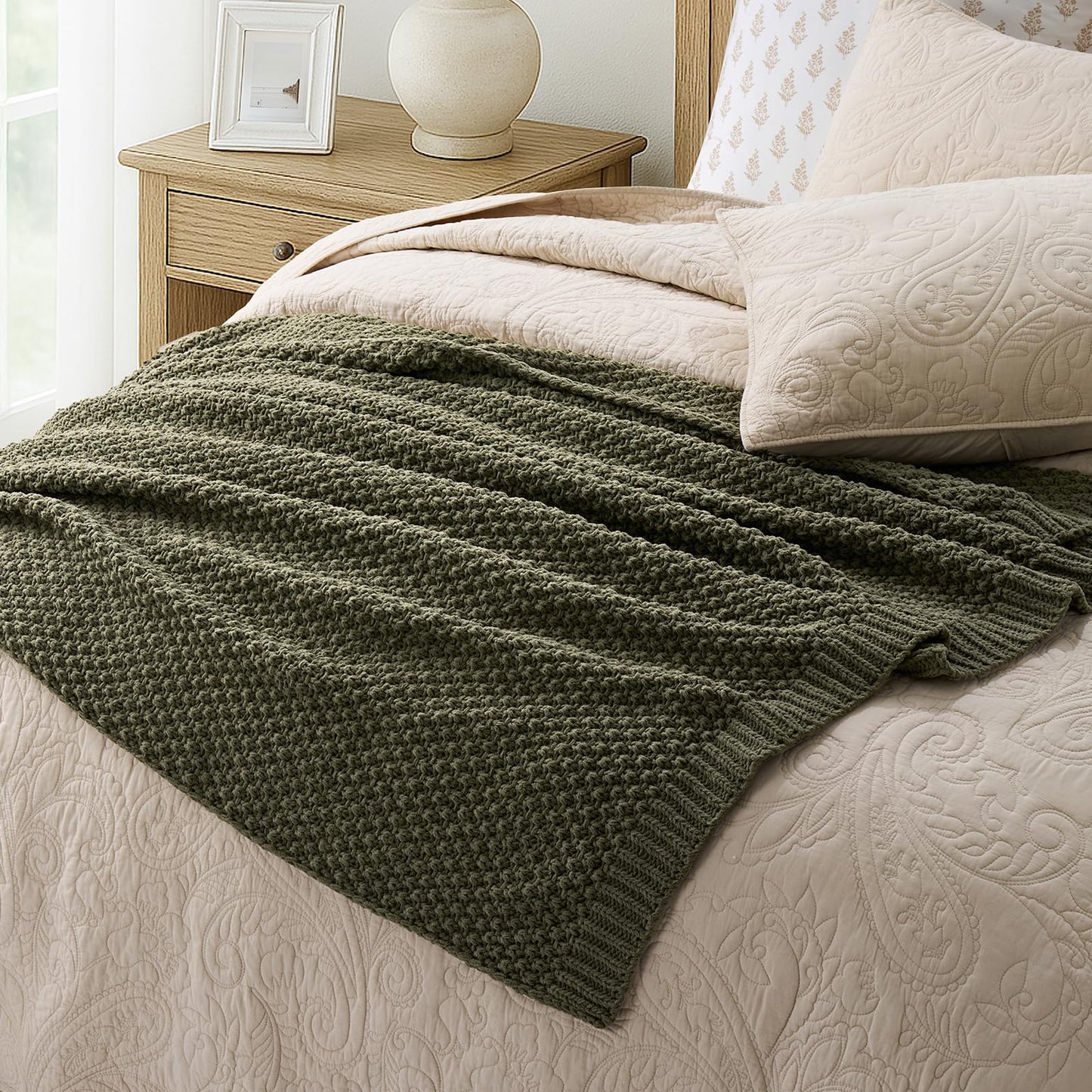EVERGRACEHOME Chunky Chenille Knit Throw Blanket for Couch, Soft Luxurious Moss Stitch Chair Blankets for Bed, Cozy Decorative Farmhouse Knitted Throws for Sofa, Olive Green, 50" x 60"