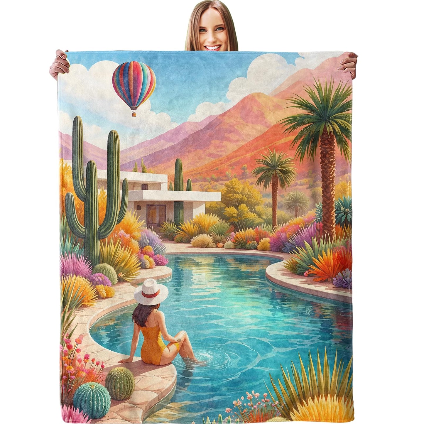 dhakalrlde Cactus Pool Blanket, Soft Palm Trees Hot Air Balloon Scenic Throw Blanket Gifts for Women Girls Adults, Lightweight Warm Cozy 60×50 inch Flannel for Couch, Travel, Bed, Decor