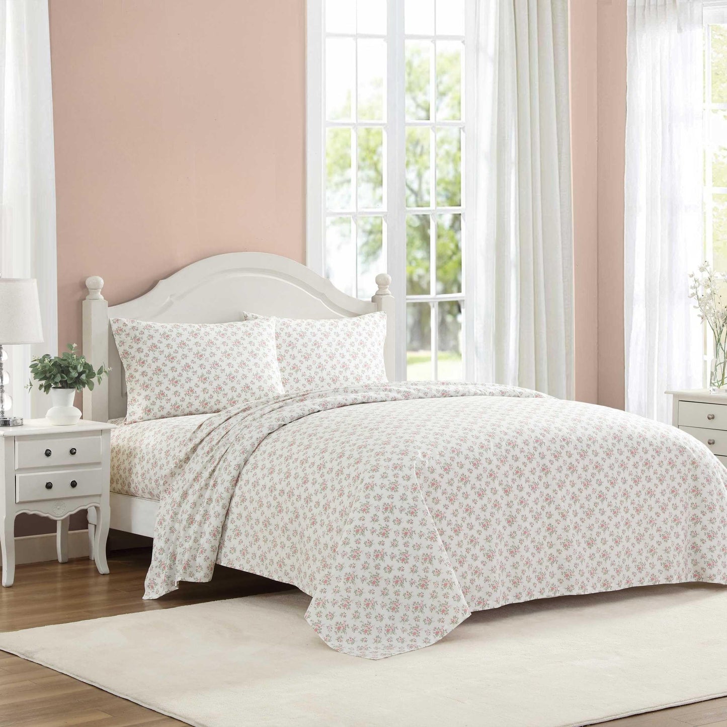 Laura Ashley – Twin Size Sheet Set, Crisp & Lightweight Cotton Percale Bedding with Fitted Sheet and Pillowcase, Floral Room Decor, Deep Pocket, College Dorm Room Essentials (Leanna Rose Pink)