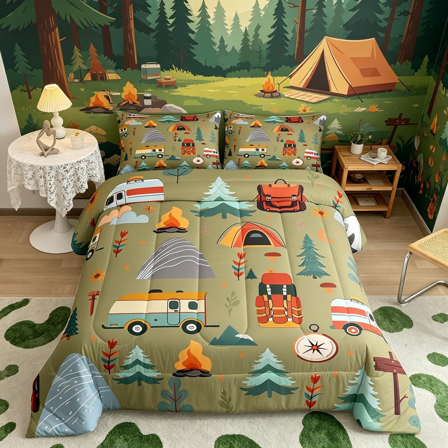 Feelyou Happy Camping Comforter Set for Kids Boys Girls Full Size Outdoor Themed Bedding Set Soft Travel Bag Tent Print Duvet Quilt Travel Trailers Comforter Camping Gifts Duvet Quilt