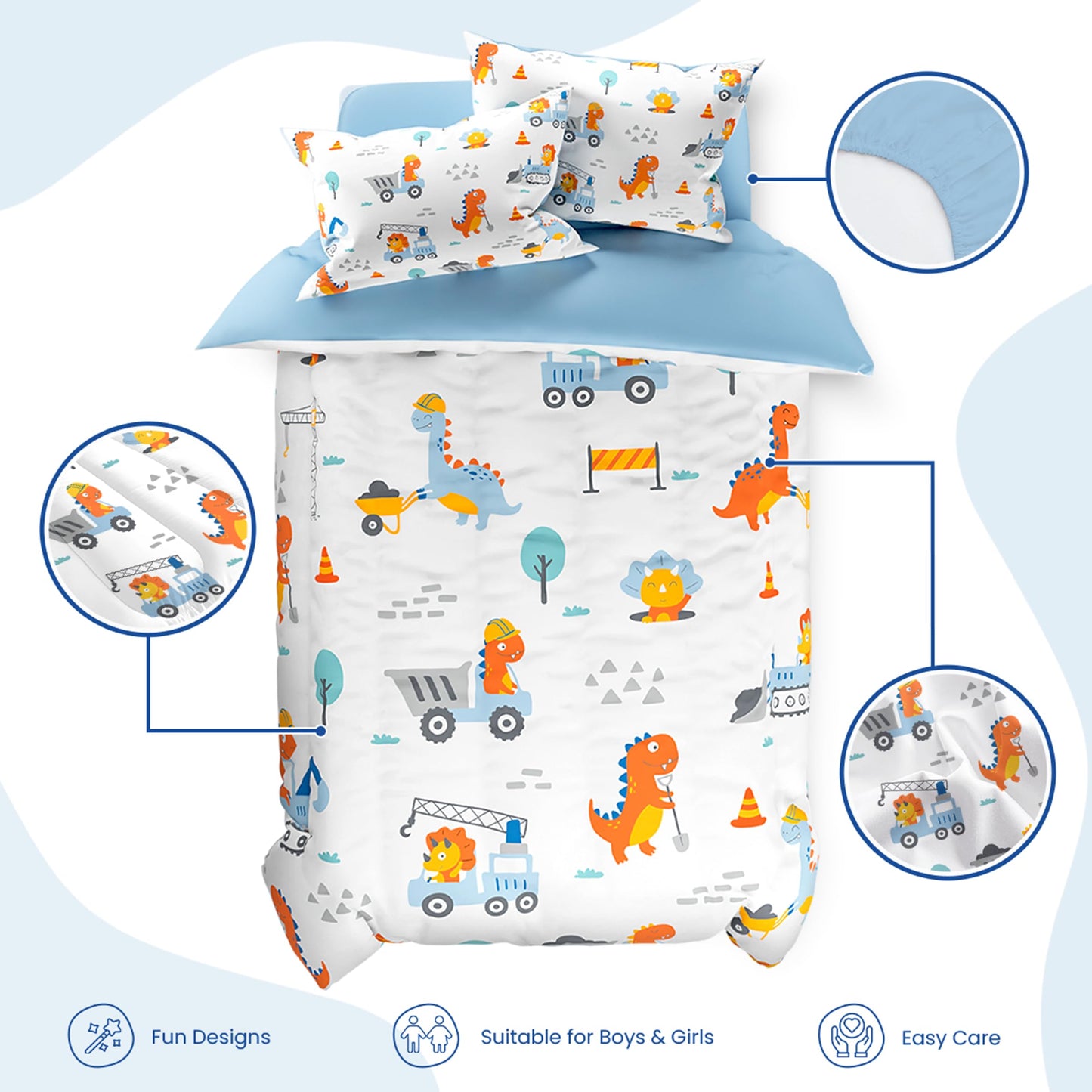 SANDJEST Dinosaur Comforter Set Twin Size 68x86in for Kids Boys, Microfiber 3 Pcs Bedding Set Includes 1 Comforter, 1 Pillowcase, 1 Fitted Sheet, Nursery Room Decor