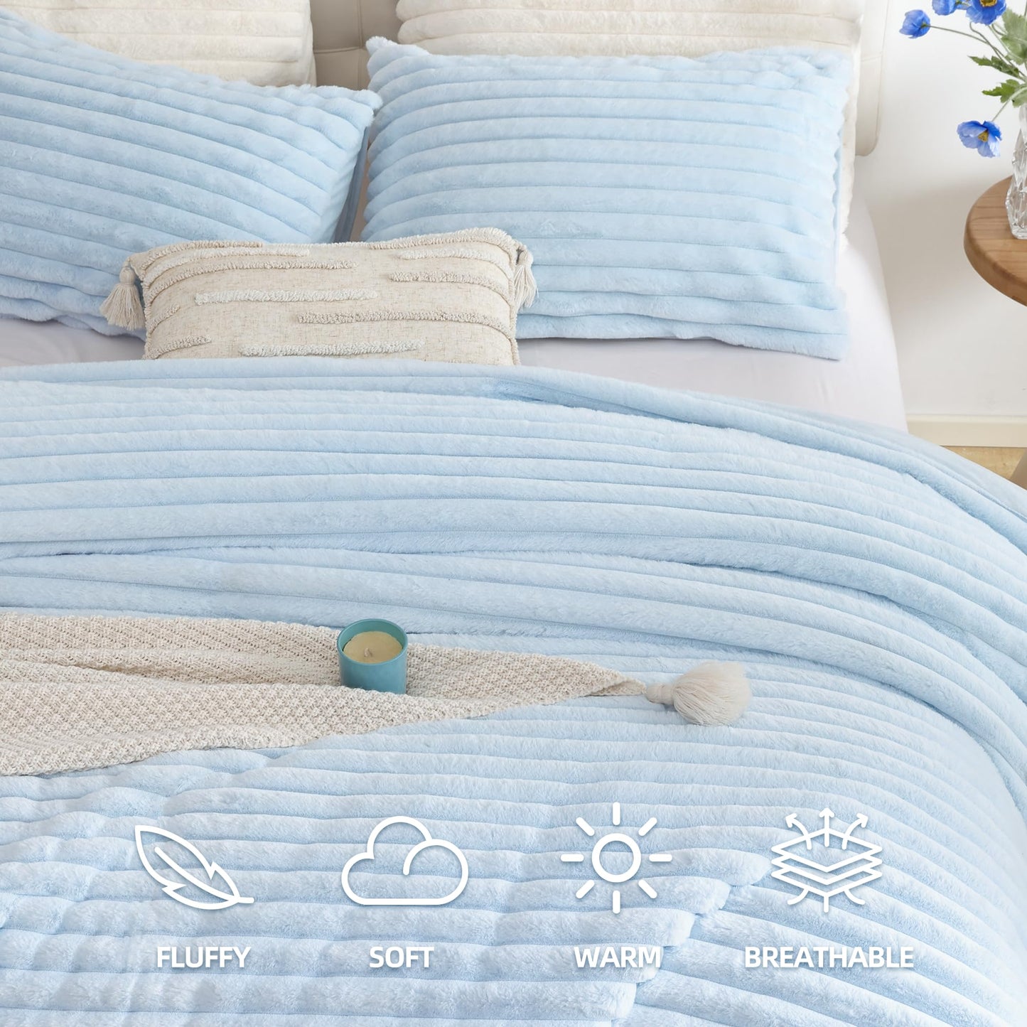 Smoofy Fluffy King Size Comforter Set 3 Pieces - Light Blue Fleece Fluffy Comforter Set, Luxury Fuzzy King Bedding Set, Soft King Bed Set All Season, Heavy Faux Fur Comforter with 2 Pillow Cases