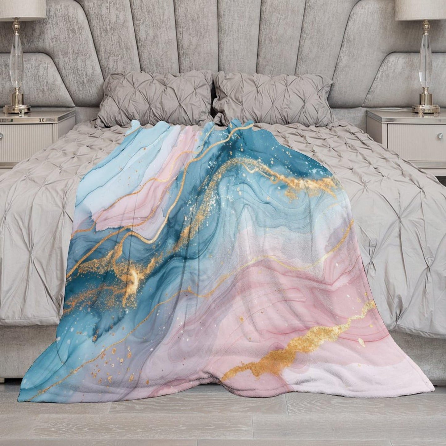 Marble Fleece Throw Blanket, Modern Luxury Foil Texture Pink Blue Gold Marble Super Soft Warm Blanket for Bed & Couch 40"x50", Cozy Fuzzy Throw Blanket for Travel Camping