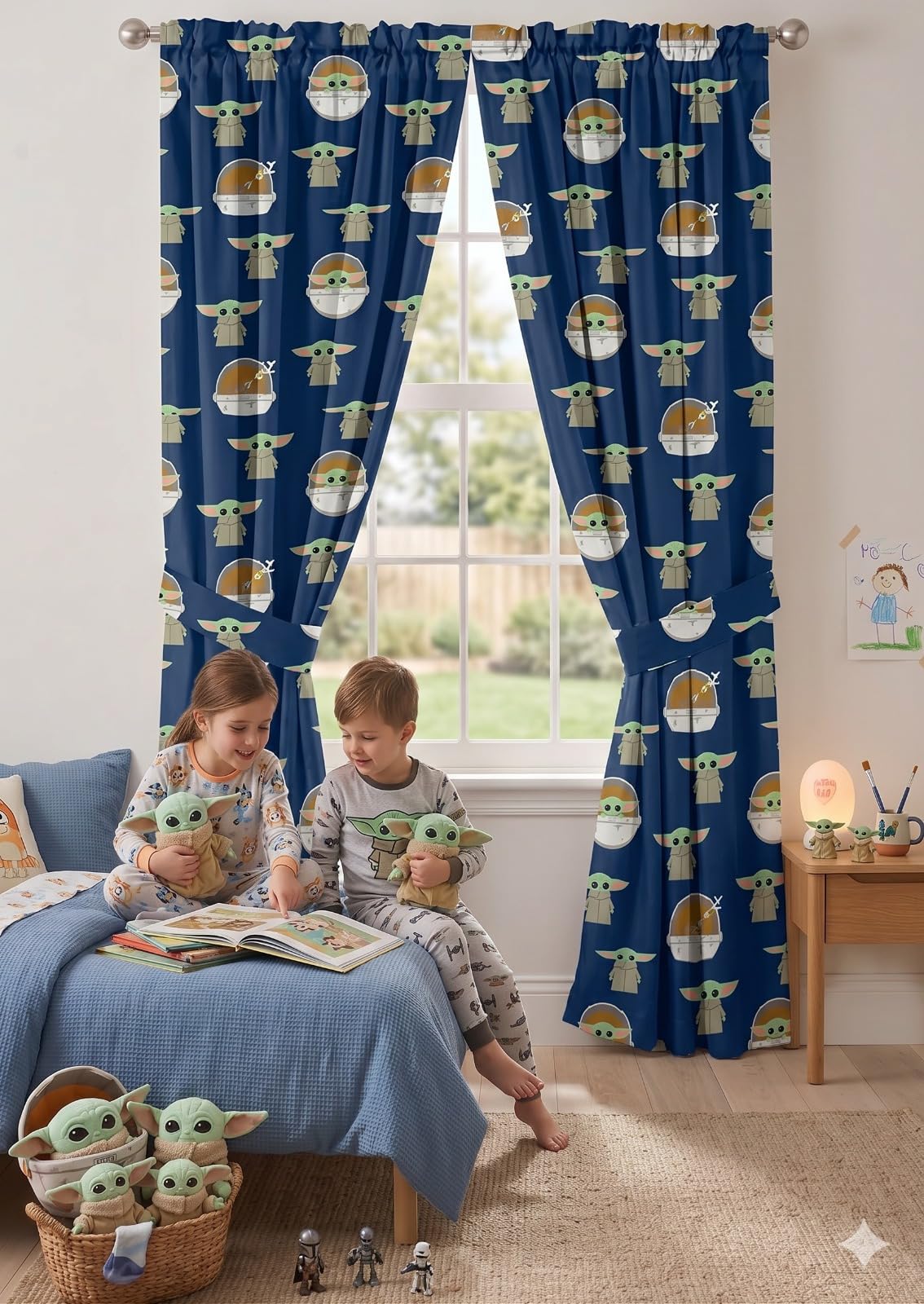 Star Wars The Mandalorian Grogu Window Curtain Panels 42 x 63 Inches, Kids Bedroom Drapes, Polyester Rod Pocket Curtains, Set of 2