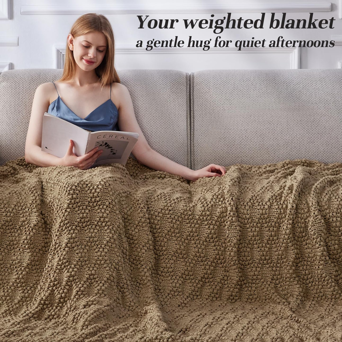Anysay Knitted Weighted Blanket for Adult, Chunky Knit Weighted Throw for Sleep 60"*80" 20lbs, Cooling Breathable Machine Washable Fall Heavy Blanket for Room Decor (Beige, Queen)