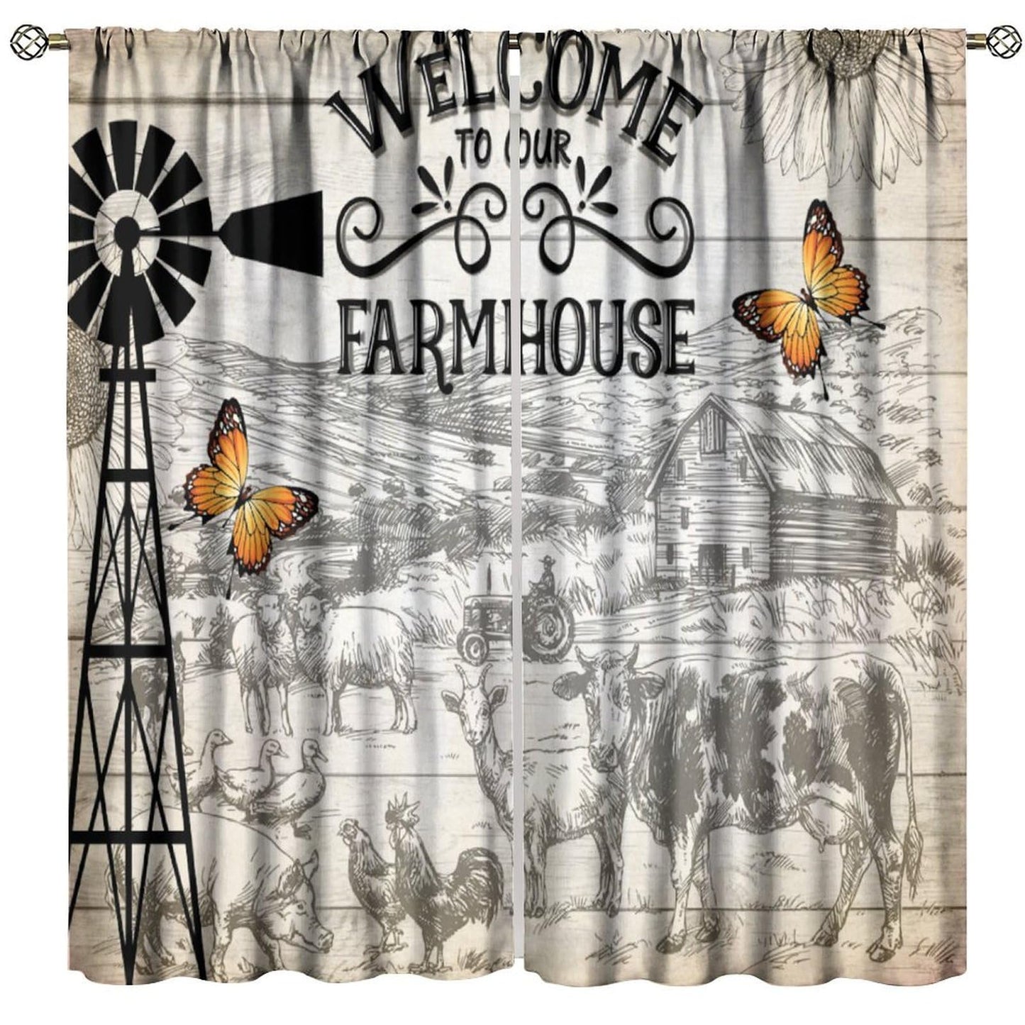 FAOTELY Rustic Farmhouse Curtain Retro Wooden Windmill Straw Bale Cattle Butterfly Animals Pattern Window Drapes for Living Room Bedroom Kitchen Cafe （W20xL45 Inch） x2 Decor