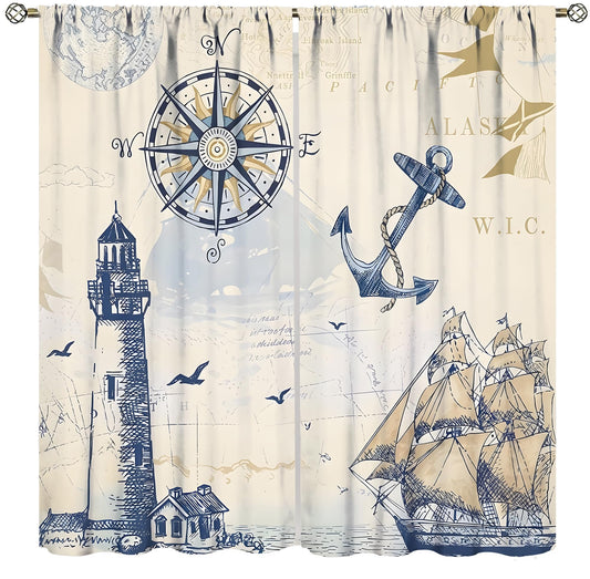 TFOSO Nautical Curtains,Vintage Sailboat Compass Anchor Coastal Home Decor Drape for Kitchen Bedroom Living Room Window Treatment 2 Panels Set Total Size 42" W X 45" L Inch