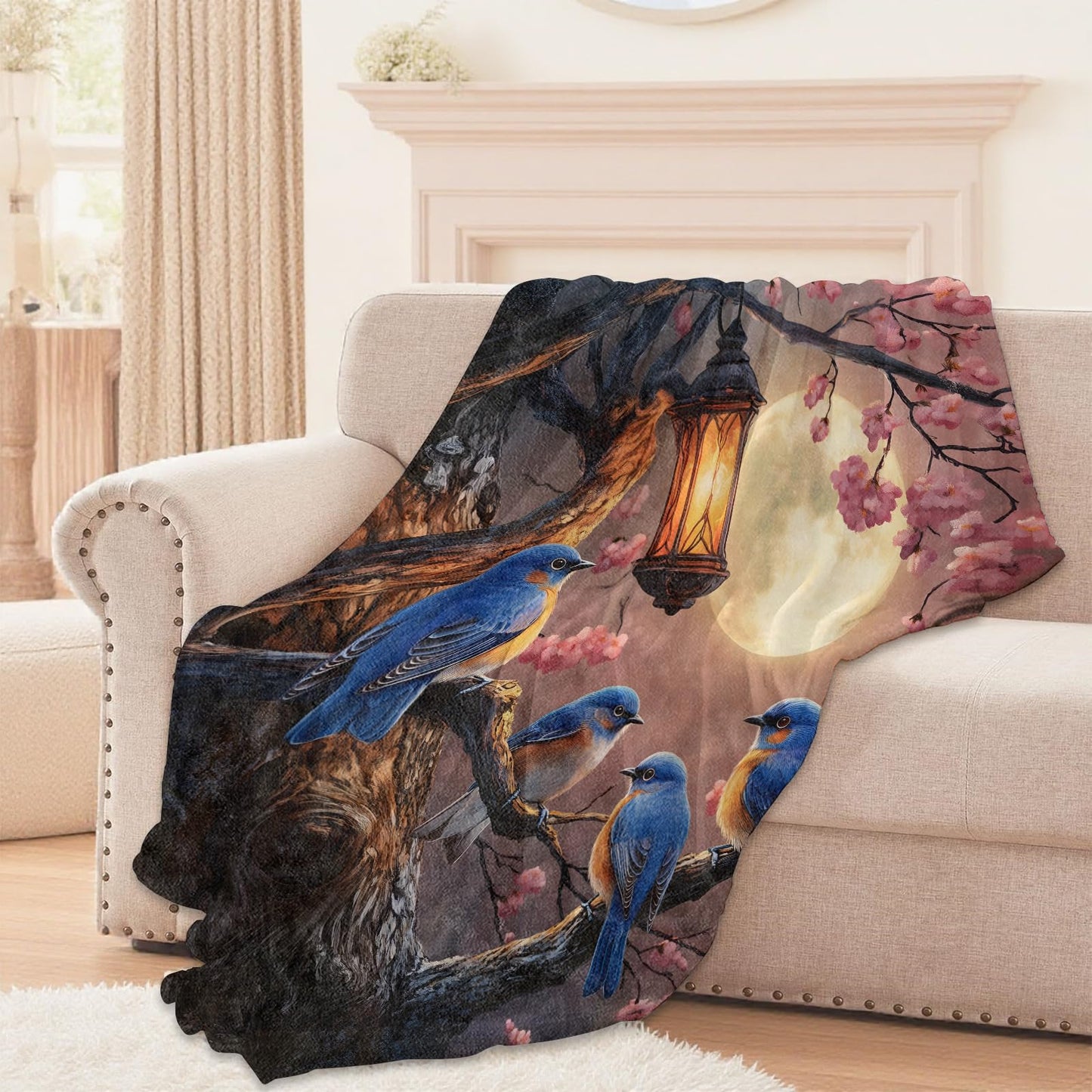 Lugiu Charming Bird Blanket, Lightweight Comfy Blue Birds Under Full Moon Blankets for Couch Sofa Bedroom, Soft Plush Travel Flannel Throw Blanket Gifts for Adults Kids Women Girls, Home Decor 60×50in