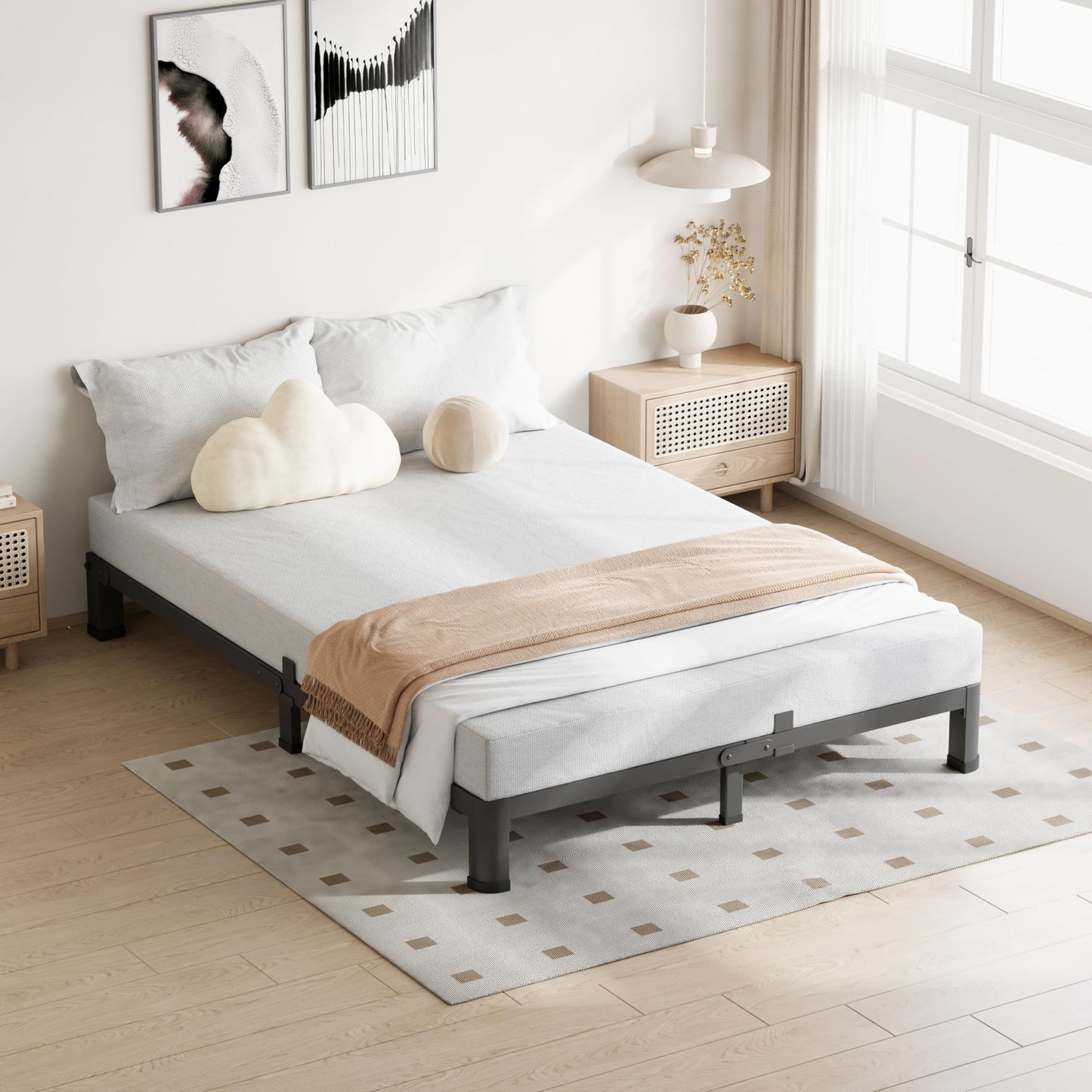 VIPSHOW 4 Inch Queen Bed Frame, 3500Lbs Heavy Duty Metal Platform with Round Corner Legs Mattress Slide Stopper, Steel Slat Support No Box Spring Needed, Noise Free, Non-Slip, Easy Assembly