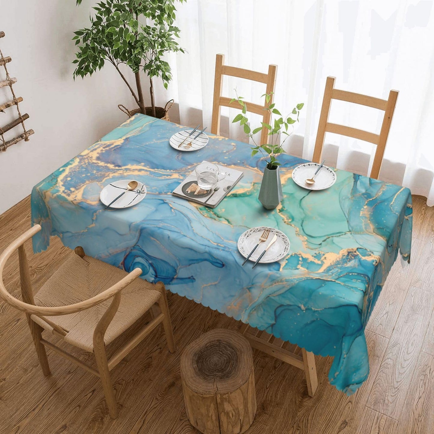 VIGGINER Teal Marble Rectangle Tablecloth Turquoise Blue Gold Table Cloth for Kitchen Dining Natural Luxury Abstract Fluid Tablecloths Table Cover Decor for Party Patio 54 x 72 Inch