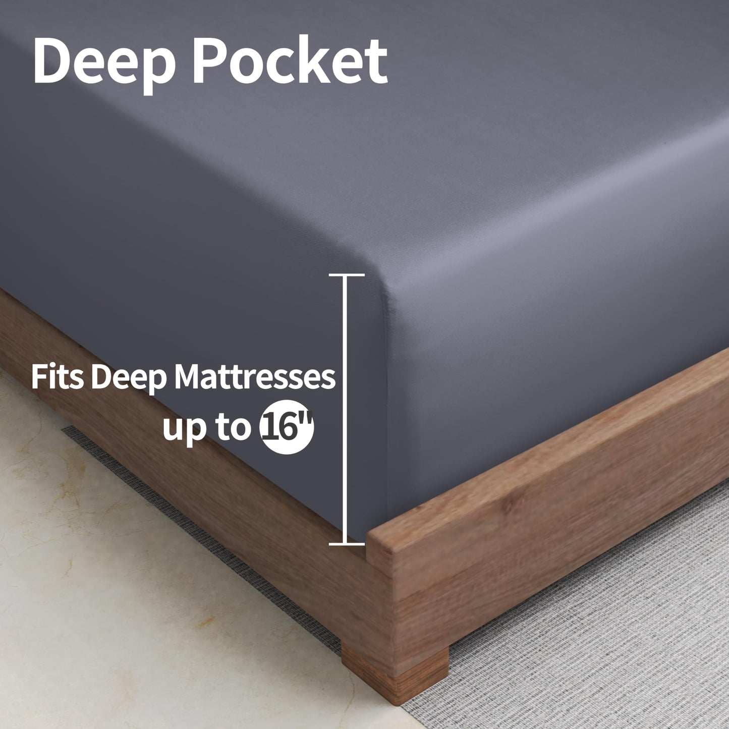 Bamboo Viscose Fitted Sheet Queen Size Only, 400 Thread Count, 16" Deep Pocket Cooling Bottom Sheets for Hot Sleeper, Silky Soft Breathable (Queen, Dark Grey