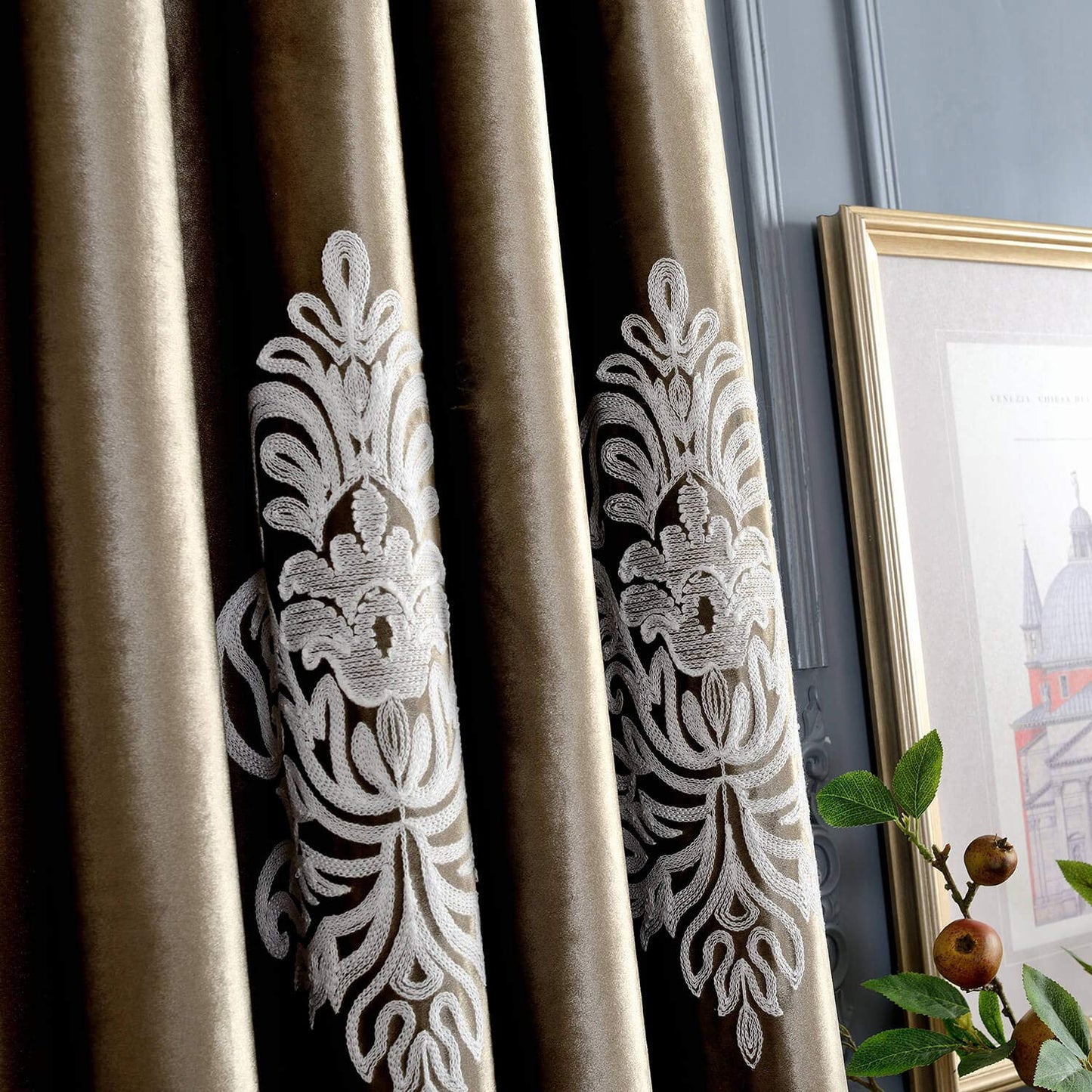 VOGOL Super Soft Luxury Velvet Blackout Curtains, Grommet White Flower Embroidered Soft Chocolate Brown Flannel Draperies for Living Room, 52 x 96 Inch, 2 Panels, Noise Reduction