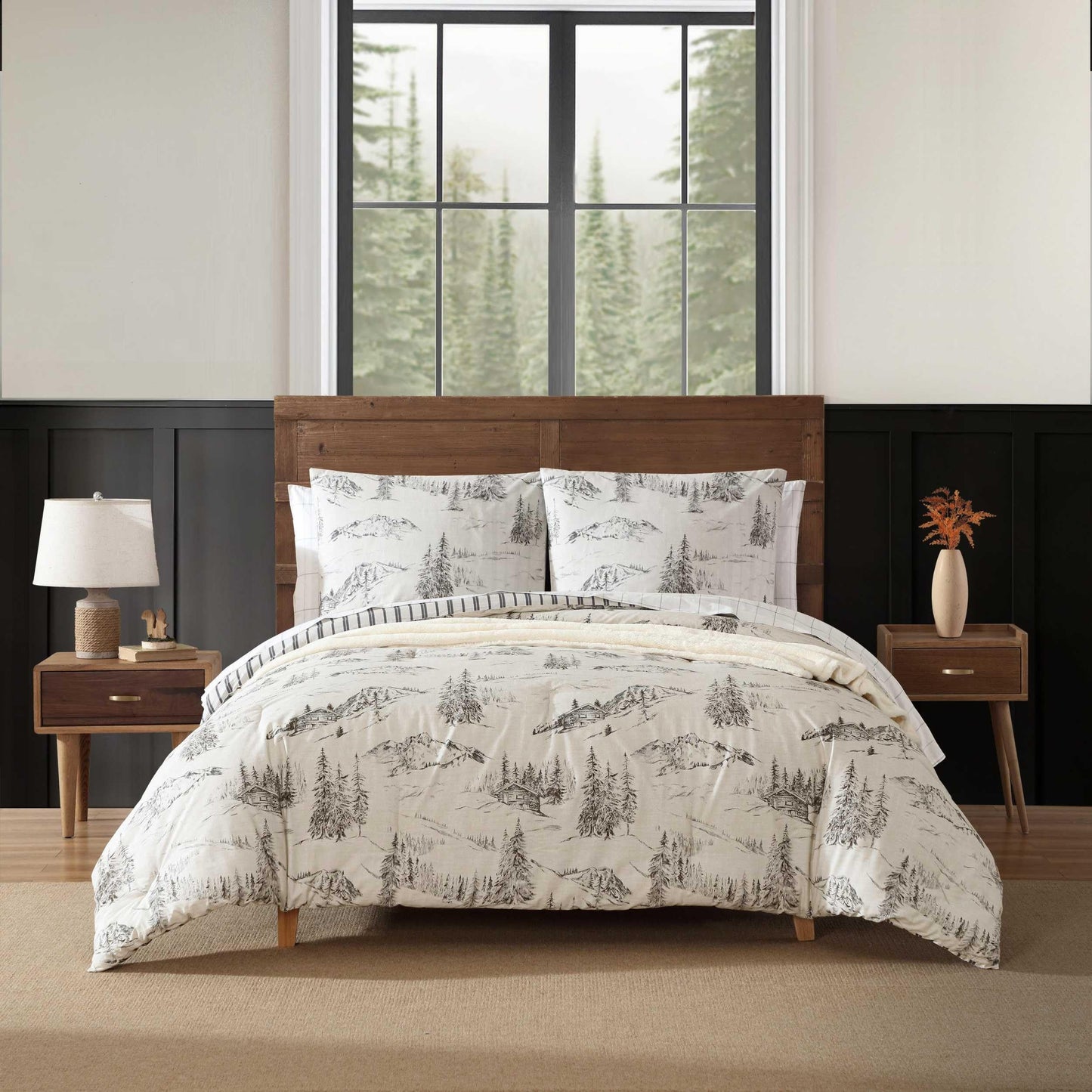Eddie Bauer - Queen Duvet Cover Set with Shams, Cotton Percale Bedding, Reversible, Center Closure, Rocky Mountain Cabin Grey