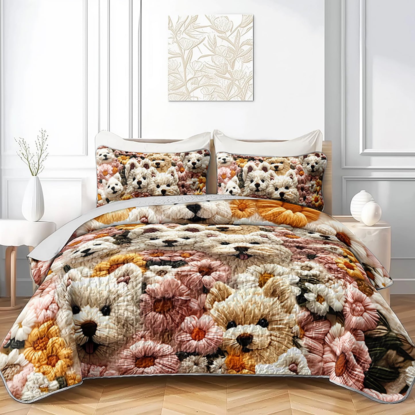 QOOMO Cartoon Dog Kids Quilt Set,3 Pieces Cute Flowers Bedspreads Coverlet Set Twin Size,Soft Microfiber Lightweight Bedding Set with 1 Quilt 2 Pillowcases for All Season
