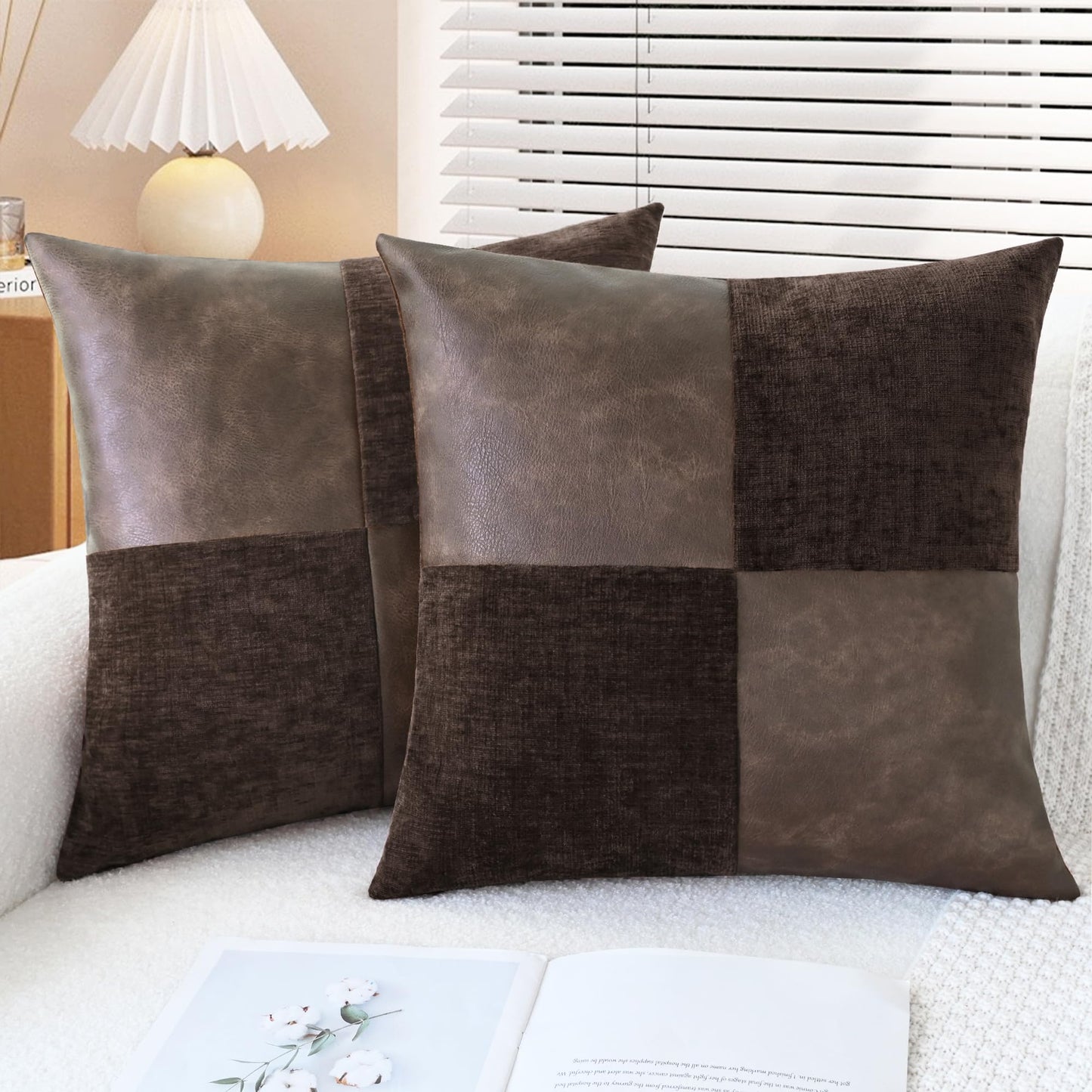 CaliTime Throw Pillow Covers Decorative 18 X 18 Inches Pack of 2 Cozy Chenille Faux Leather Splicing Cushion Cases for Couch Sofa Bed Living Room Home Coffee
