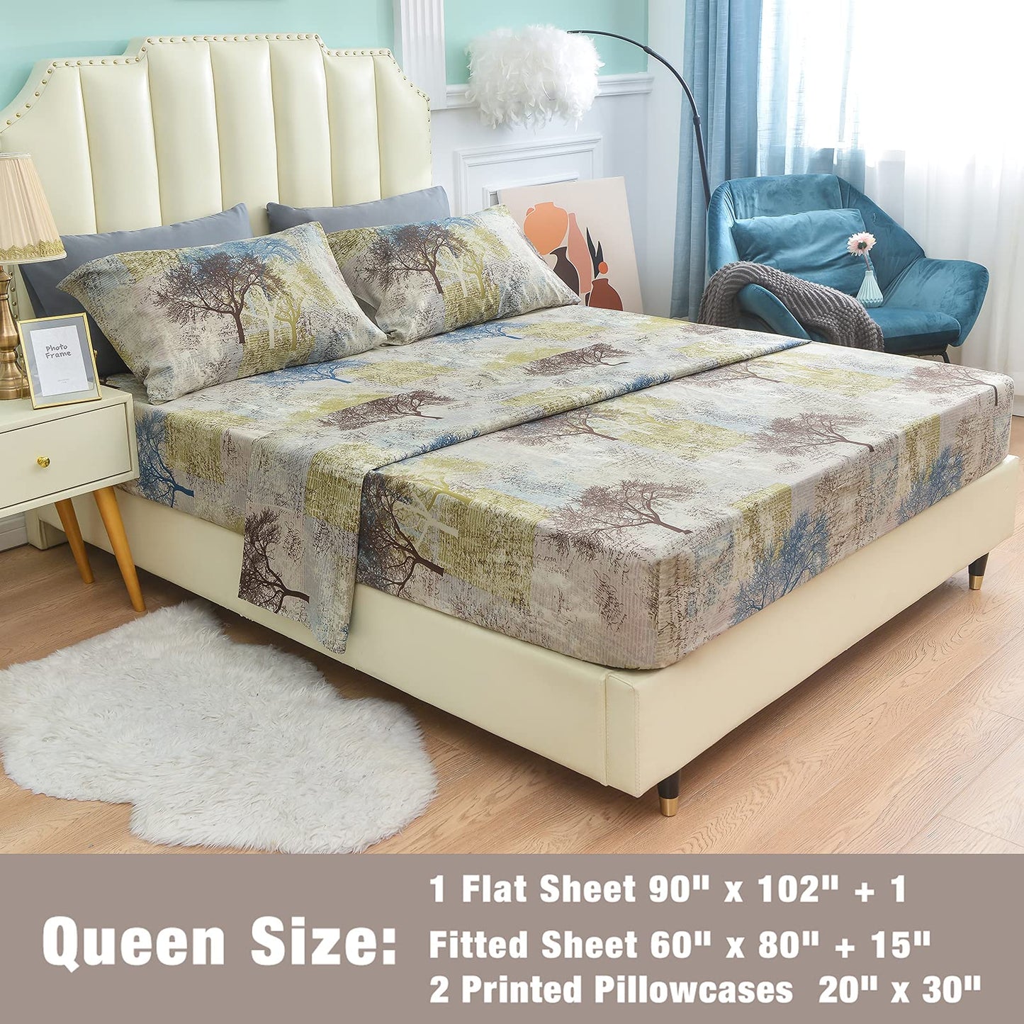 JSD Rustic Print Sheet Set Queen Size, 4 Piece Tree Pattern Soft Microfiber Bed Sheets Extra Deep Pocket