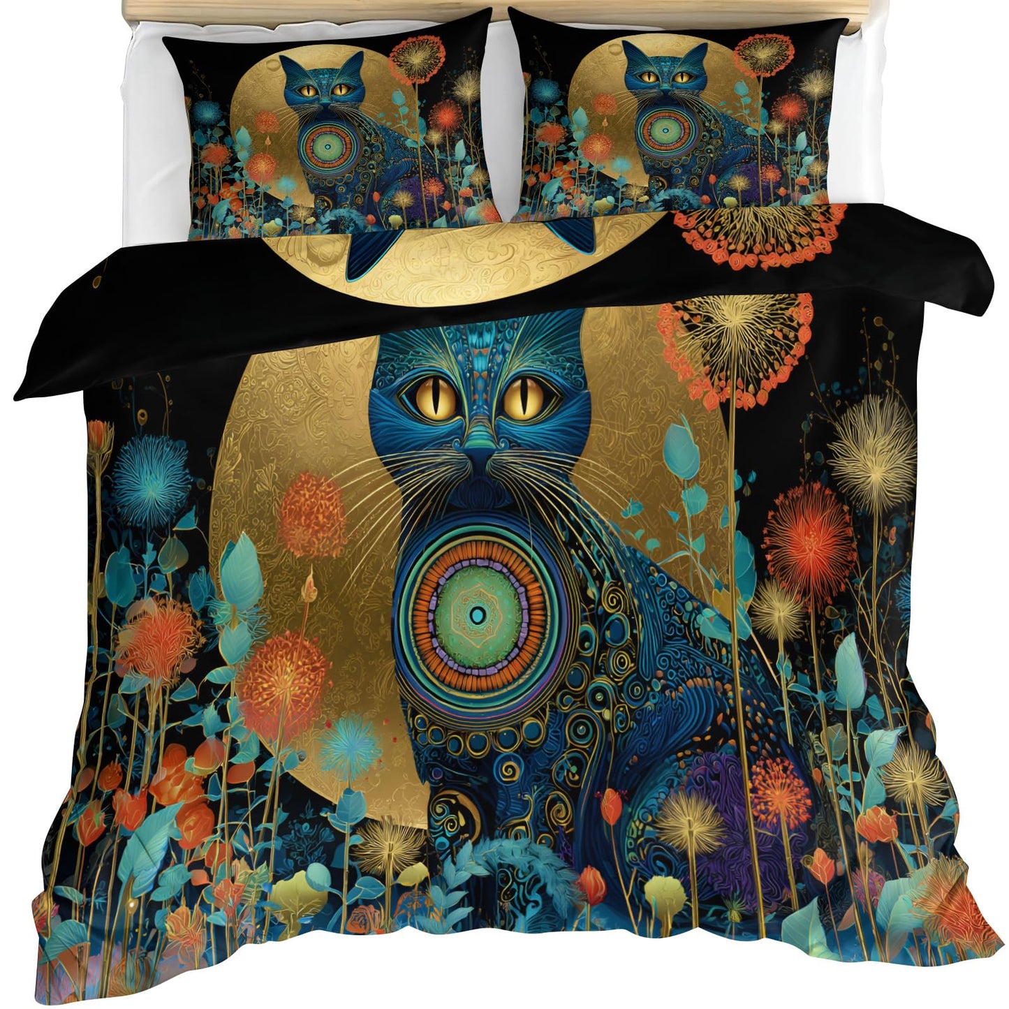 ZAMODE Cat Duvet Cover Oversized King Size, Boho Flower Cat Comforter Cover 120" x 98" & 2 Pillowcases, Retro Exotic Kitten Bedding Set with Zipper Ties