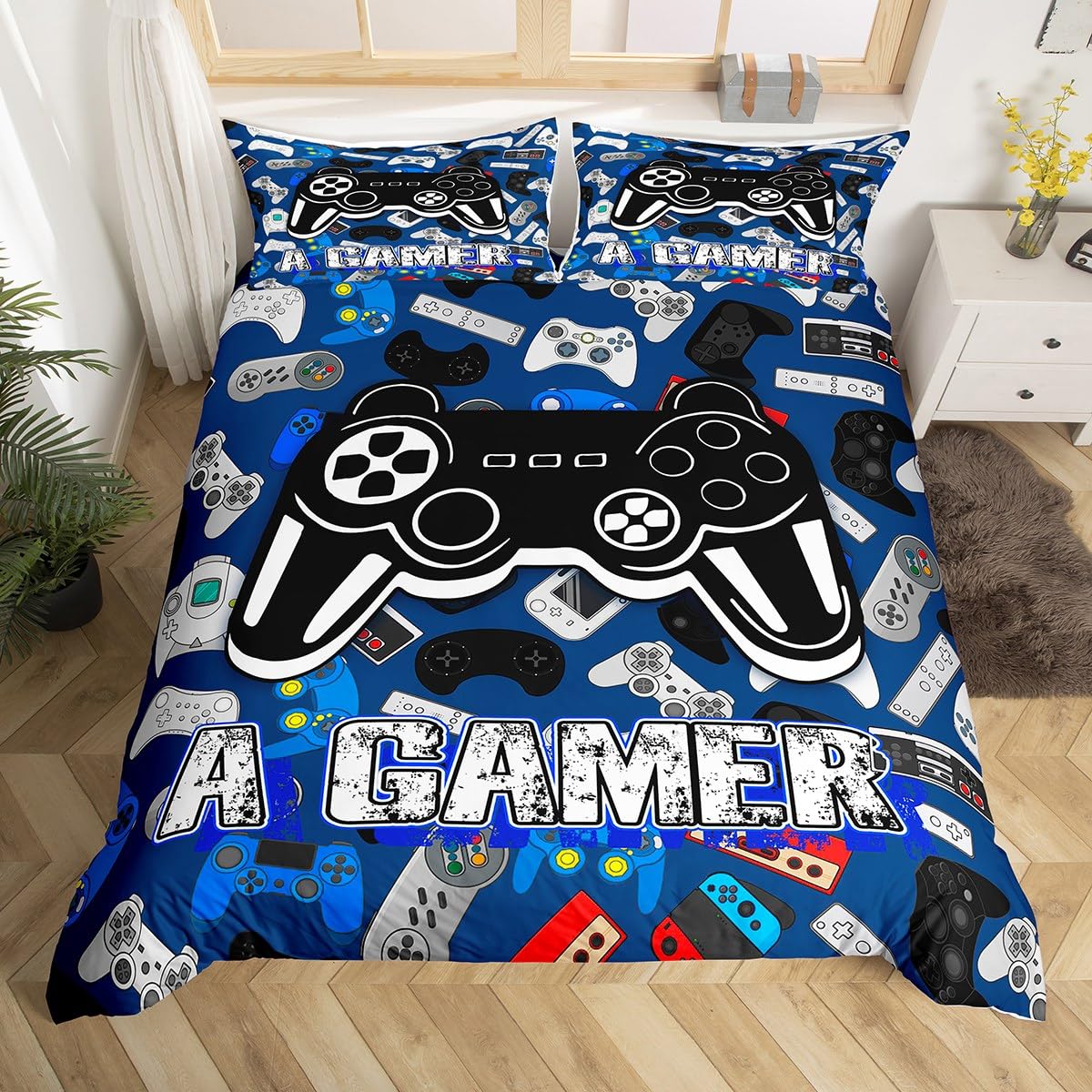 Homewish Cartoon Gamepad Bedding Set King Size,Video Games Duvet Cover Set 3Pcs for Kids Teens Boys Girls Room Decor,Navy Blue Gaming Board Comforter Cover Modern Fashion Quilt Cover,2 Pillowcases