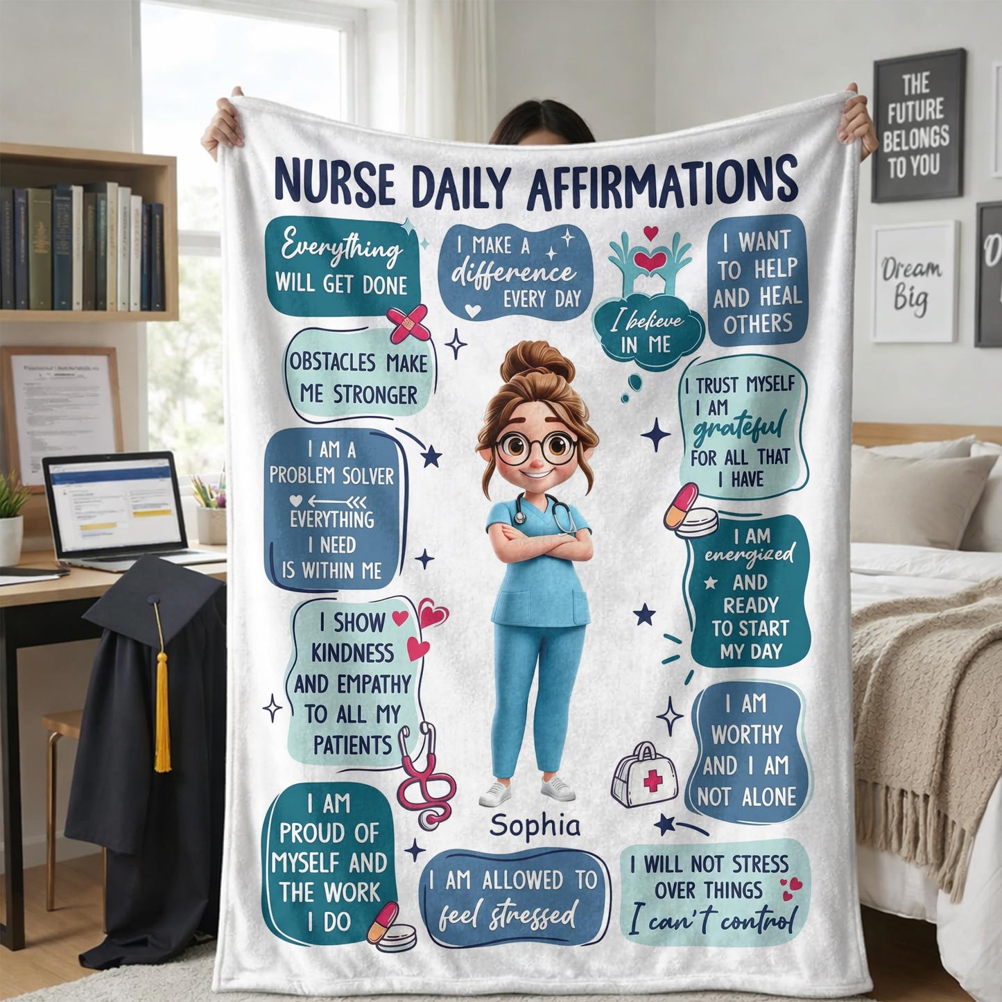 Ipplee Nurse Daily Affirmations Personalized Blanket with Custom Name, 3D Cartoon Fleece Throw for RN LPN NP Graduation, Nurses Week Appreciation Birthday for Women