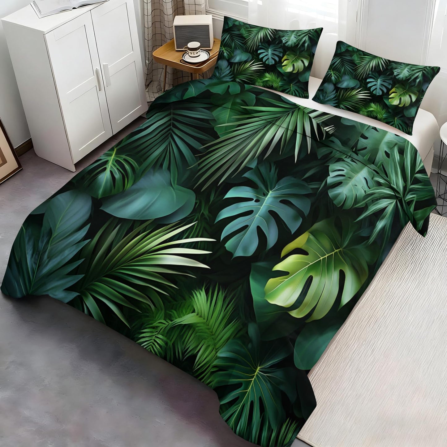 GKPLY Tropical Palm Leaves Comforters Queen Size, Jungle Monstera Bedding Duvet Cover, Exotic Greenery Artwork Duvet Cover with 2 Pillowcases, 3 Pieces, Reversible Dark Botanical Bedding with Zipper