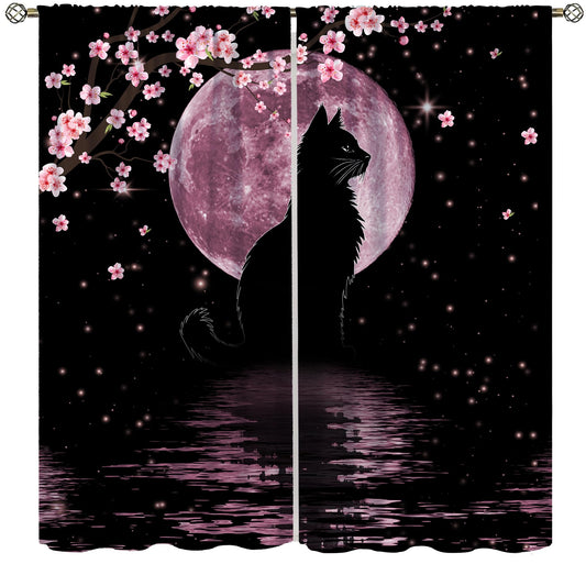 wlsgdsg Asian Cat Curtains for Kitchen Cartoon Cherry Blossom Pink Floral Moon Phase Black Cat Japanese Style Kawaii Cute Print for Kids Bedroom Living Room Bathroom 42x45In（No Blackout）