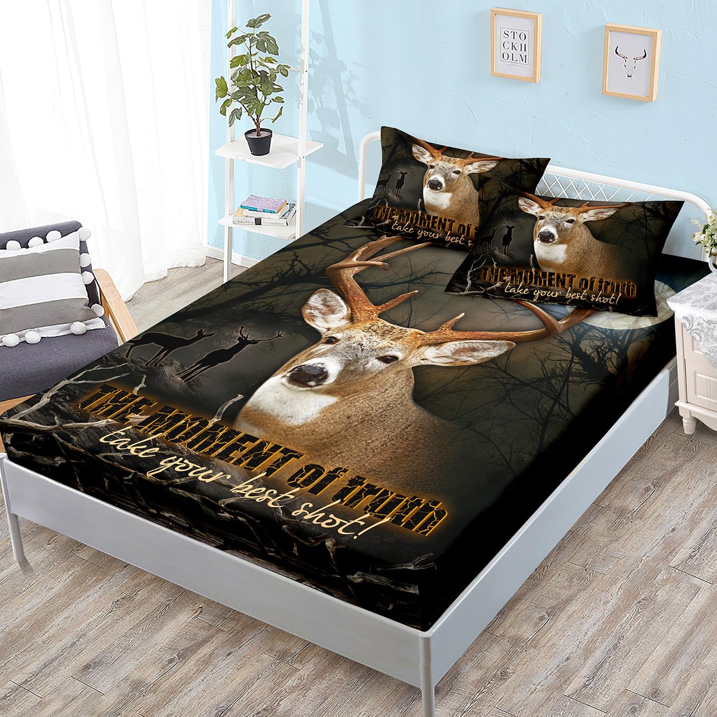 HOSIMA Deer Fitted Sheet Forest Hunting Bedding Sets for Teen Boys Mens Bedroom Essentials,Wildlife Animal Deer Bedding Set Western Twin Bed in a Bag Set for Adults with 2 Pillowcases.