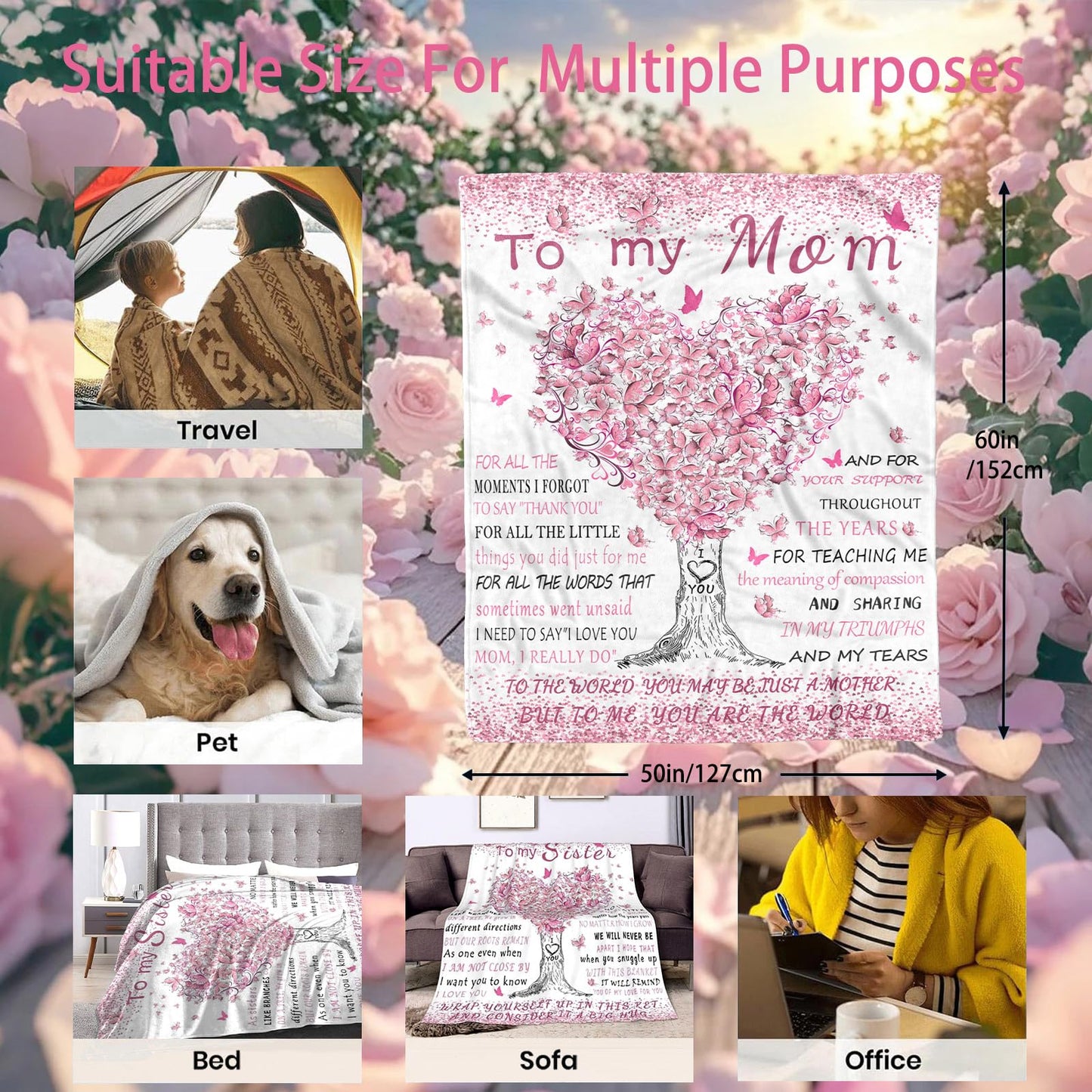 HUBSERUG Mothers Day Blanket Gifts for Mom, Mom Birthday Gifts from Daughter Son, Mothers Gift for Christmas Valentine's Day Thanksgiving Day, Moms Birthday Gift Ideas Flannel Throw Blanket 60" X 50"