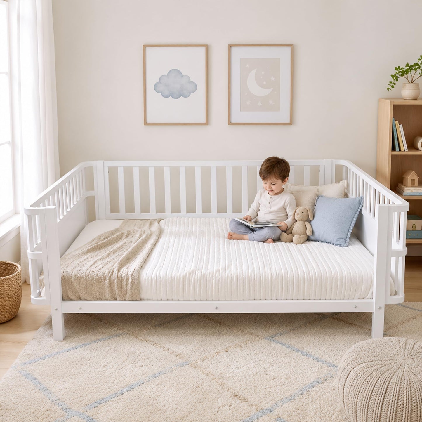 OYUMOENTS Full Size Bed Frame Kids, Metal Low Profile Montessori Bed Full with Removable Side Rails & Rounded Corner Design, Kids Daybed for Boys Girls, No Box Spring Needed, Easy Assemble, White