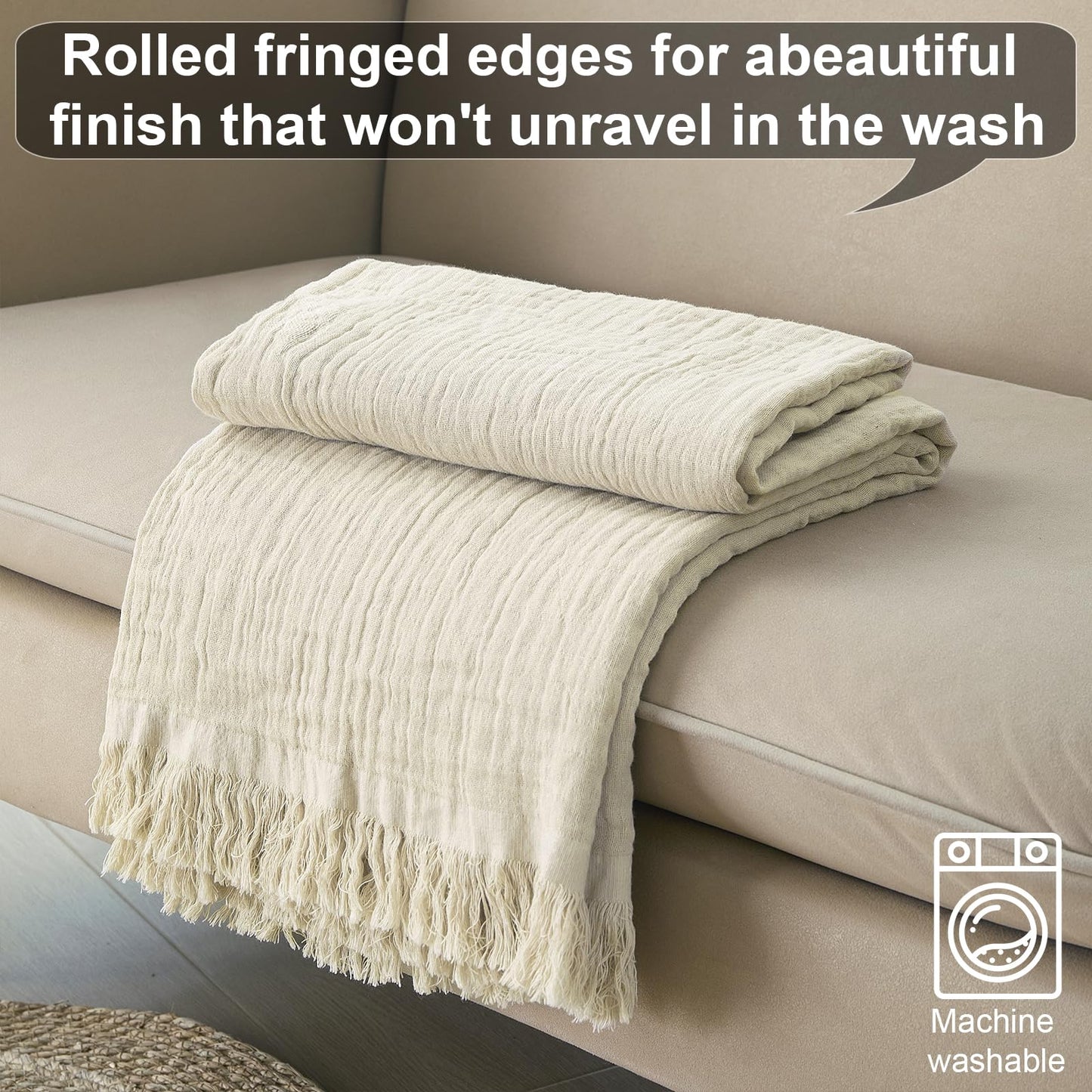 Yoenillo Cotton Muslin Throw Blanket with Tassels, Lightweight Woven Gauze, Pre-Washed Breathable Farmhouse Decor for Bed, Couch, All-Season Use (Beige, 50" x 60")