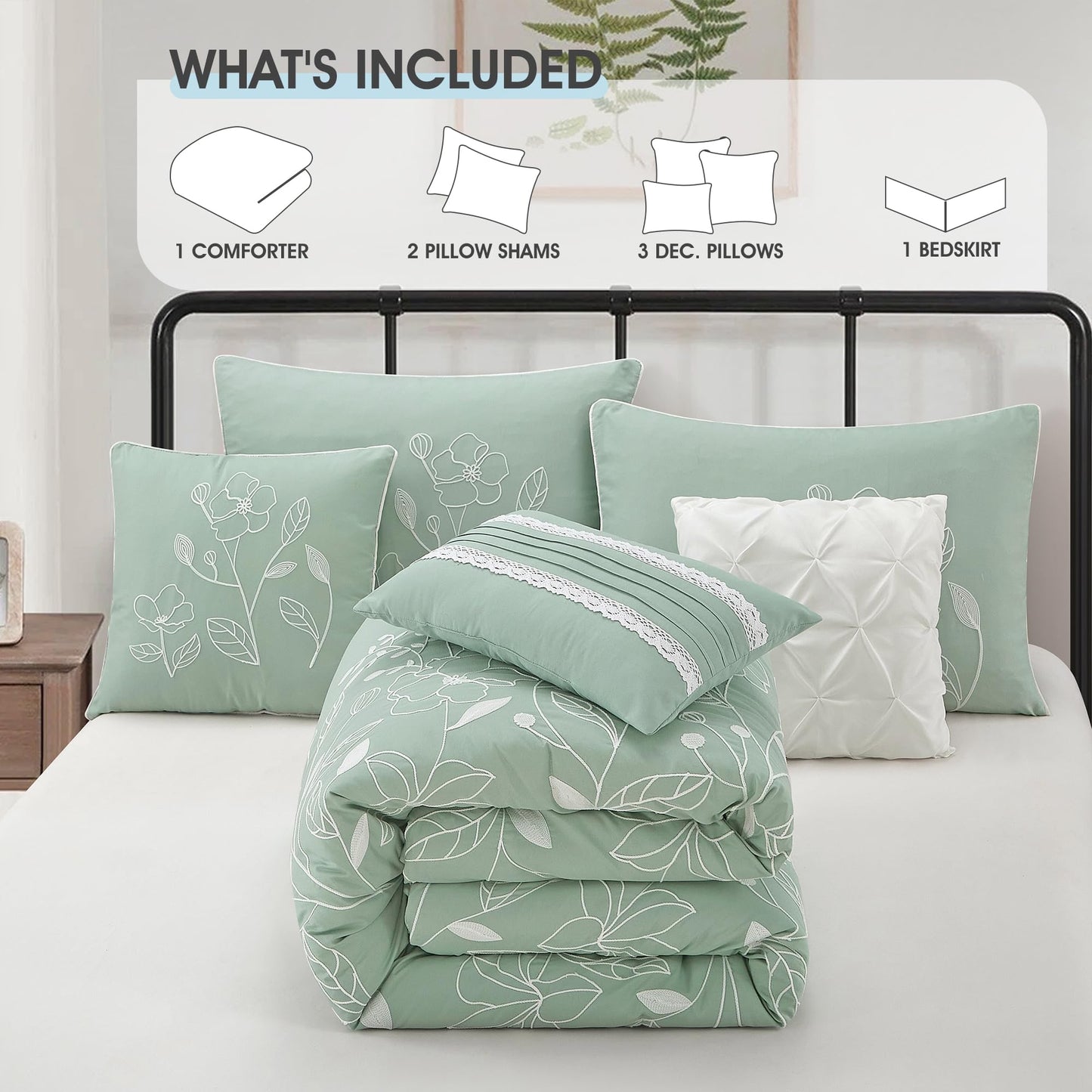 LANCO MODERN LIFESTYLE Green Queen Comforter Set, Chain Stiching 3D Floral Embroidery, Exquisite and Elegant Bedding Sets, 7 Pieces Bed in a Bag, Bedskirt, Pillow Shams and Decor Pillows