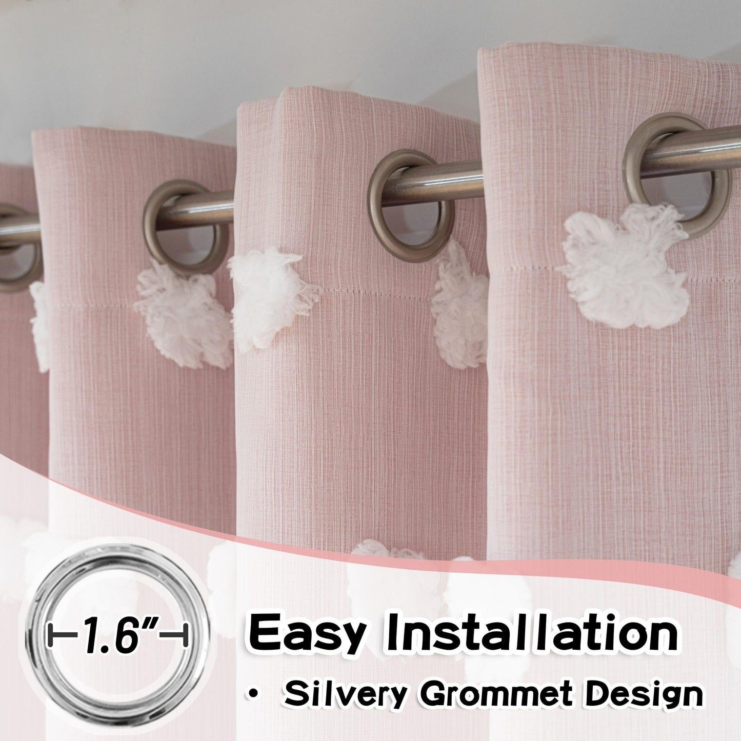 MYSKY HOME Pink Curtains for Girls Bedroom 84 Inches Long Blackout Nursery Curtains Double Layer Pom Pom Sheer Overlay Kids Toddler Room Decor Grommet Privacy Room Darkening Window Drapes 52 x 84 Inch