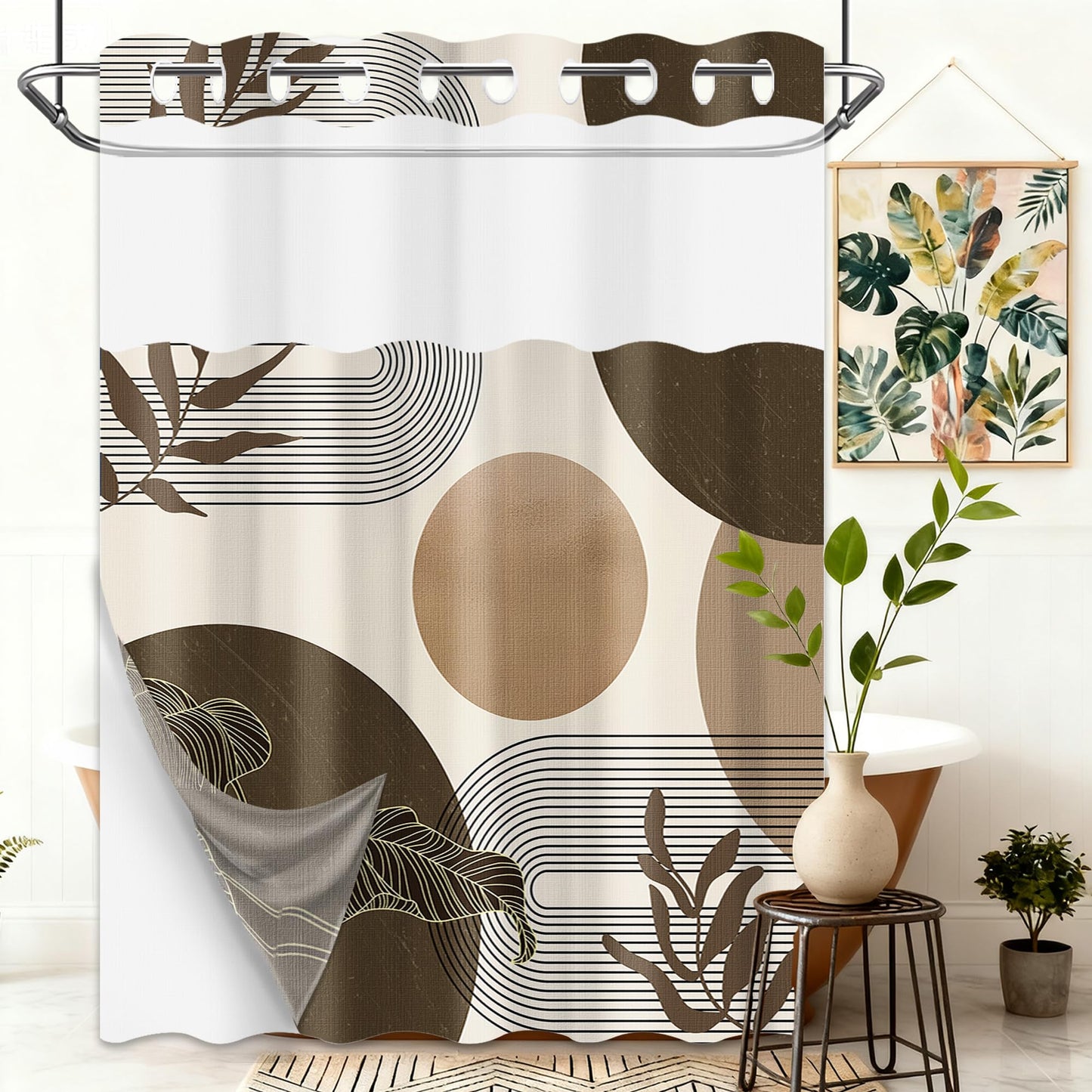 Hookless Shower Curtain with Snap-in Liner, Brown and Beige, 71" W x 74" L
