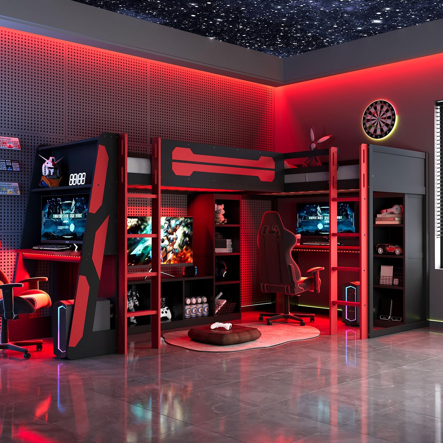 HRJHLucky Twin Size L-Shaped Gaming Loft Bed with RGB LED Lights, USB Ports, TV Stand and Dual Beds, Wood Loft Bed Frame with Desk and Storage Shelves (Red)