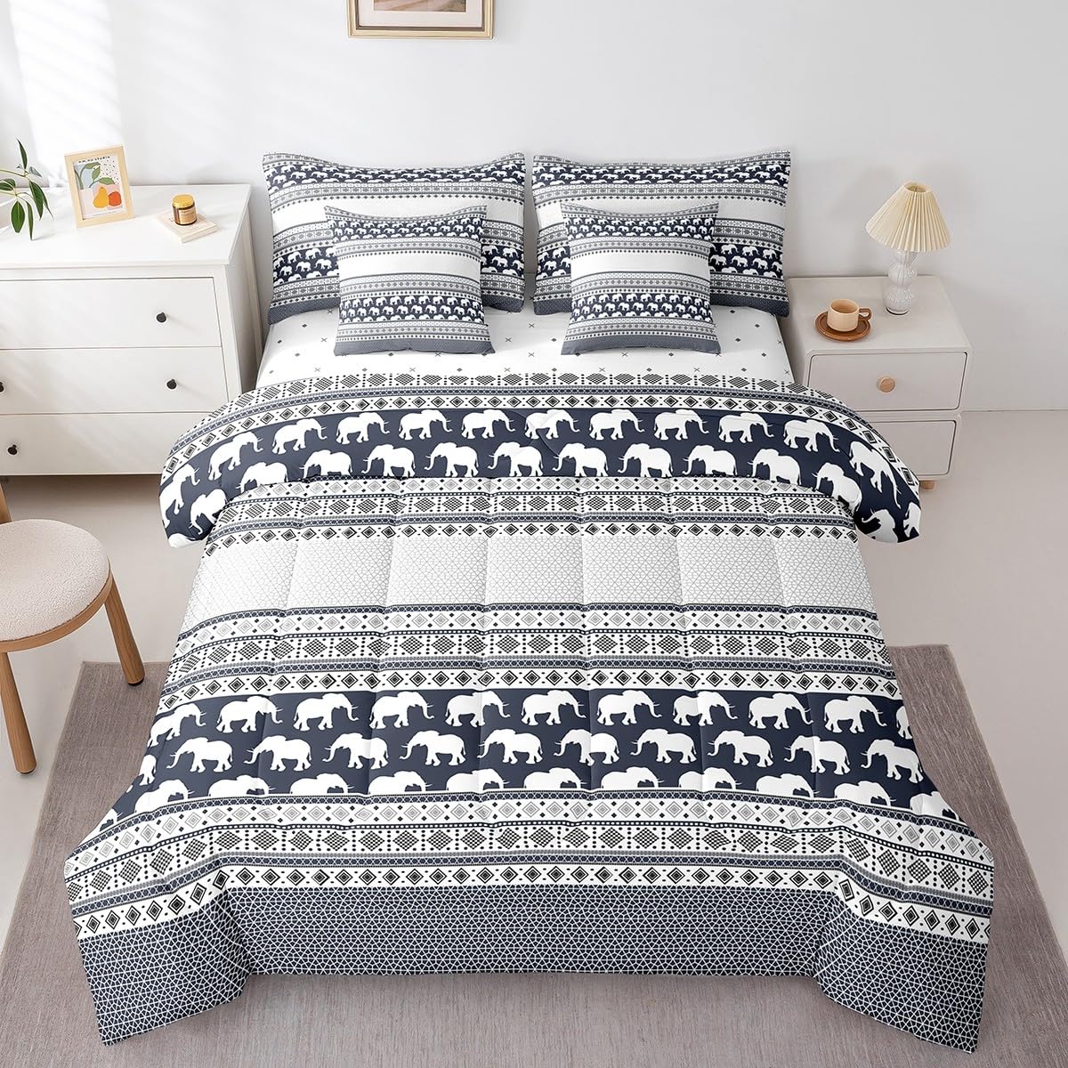 Feelyou Bohemian Elephant 7 Piece Bedding Set Full Size for Kids Boys Girls Teens Toddler Boho Exotic Style Comforter Set with Sheets Navy Blue Stripe Bed in a Bag Ethnic Elephant Print Bed Set