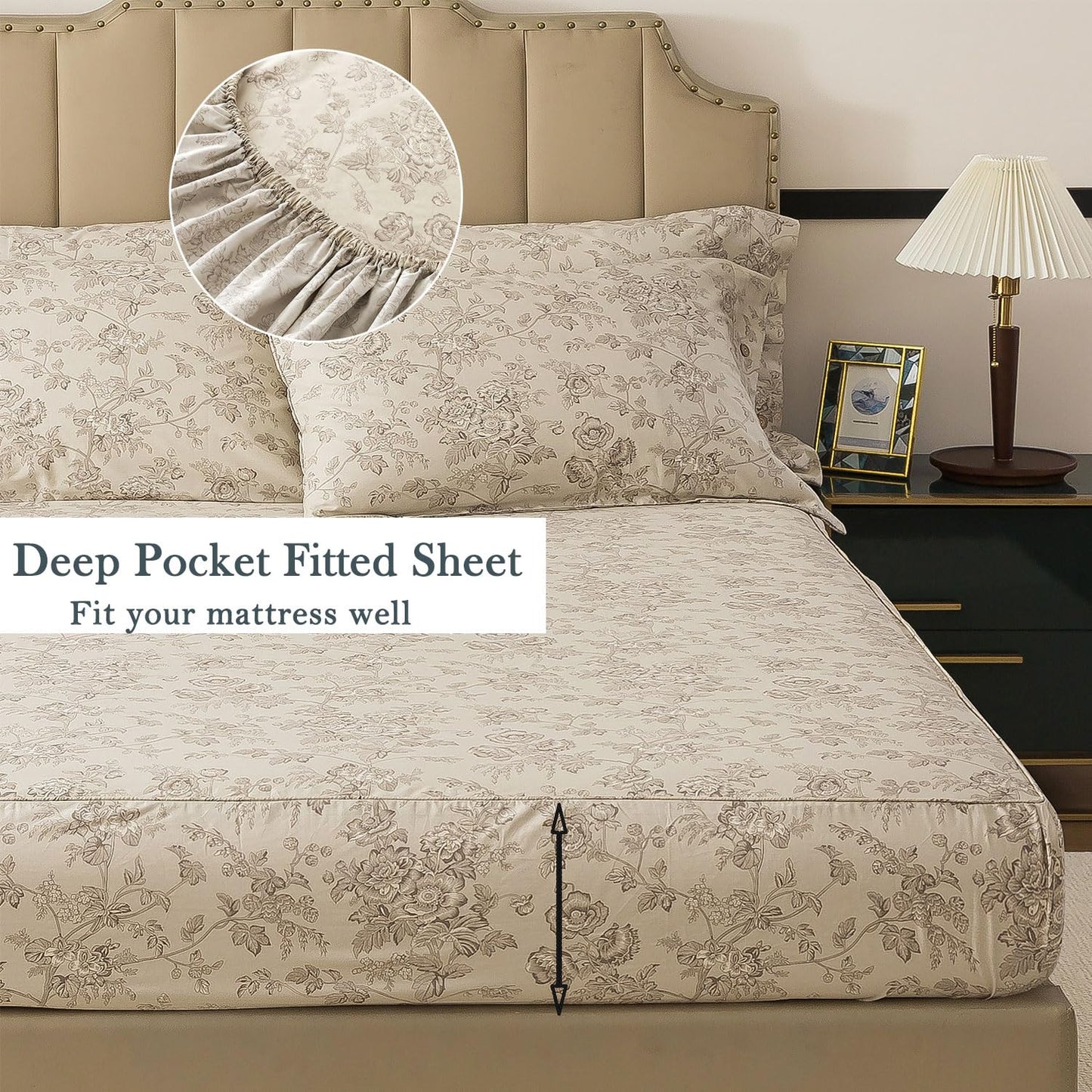 FADFAY Luxury 100% Cotton Percale Queen Sheet Set – 4-Piece Vintage Botanical Floral Bedding, Hotel-Quality Crisp & Breathable Sheets, Deep Pocket Fitted Sheet, Elegant French Country Cottage Style